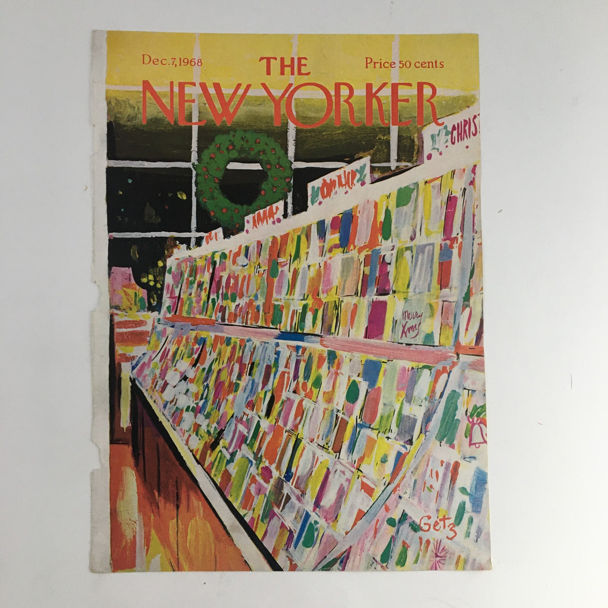 Vintage cover of The New Yorker December 7, 1968 illustrated by Arthur Getz, depicting a colorful magazine rack with a Christmas wreath in the background.