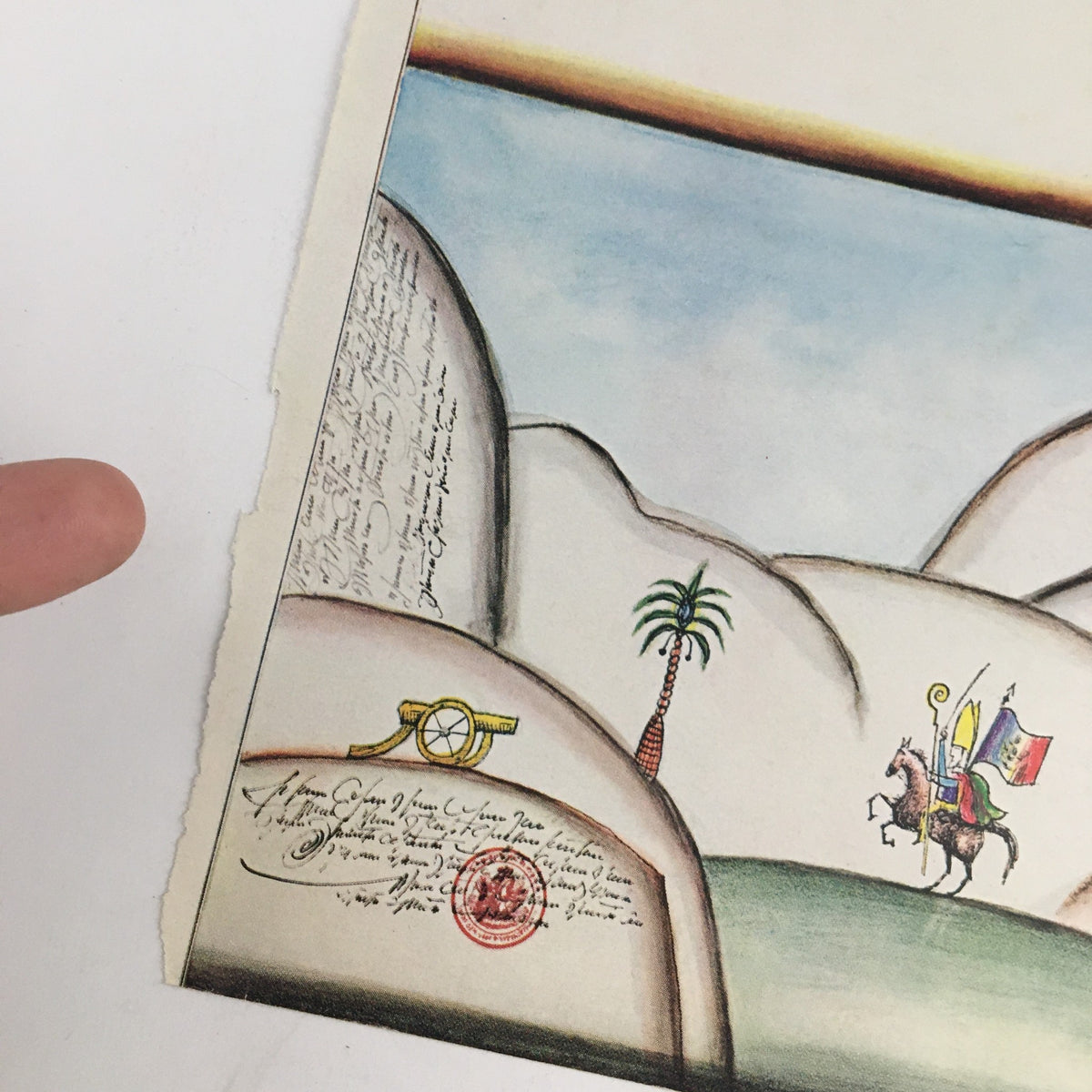 Detailed view of COVER ONLY The New Yorker May 4 1968 by Saul Steinberg showcasing elements like a palm tree, cannon, and intricate handwriting on the vintage magazine cover.