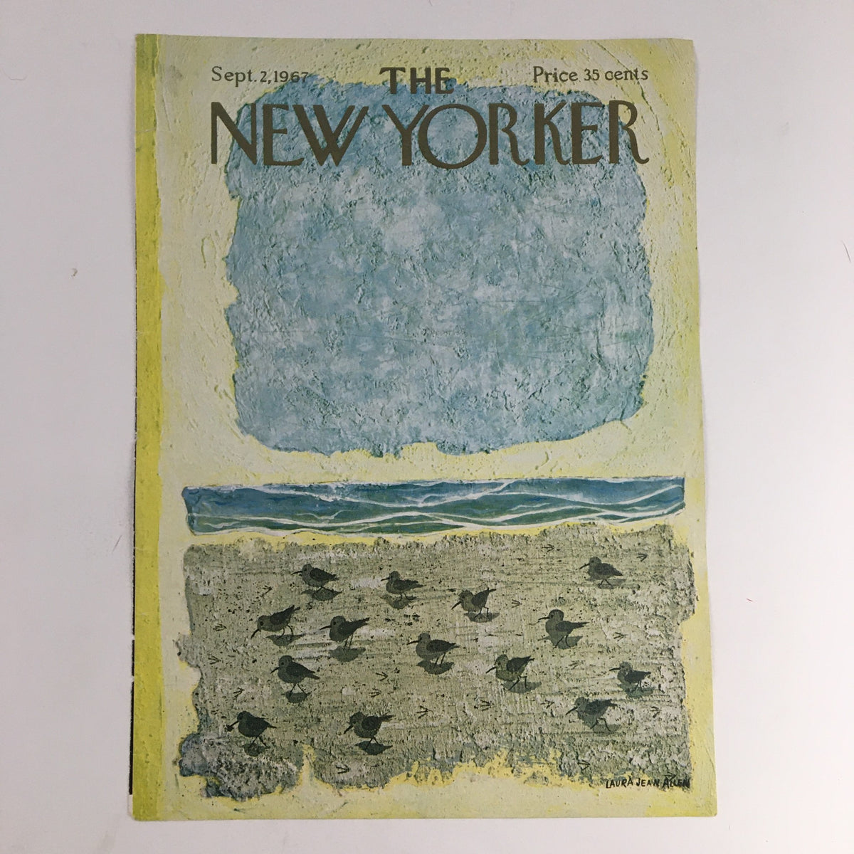 Vintage cover of The New Yorker from September 2, 1967, illustrated by Laura Jean Allen, showcasing a tranquil coastal scene with birds and ocean waves.