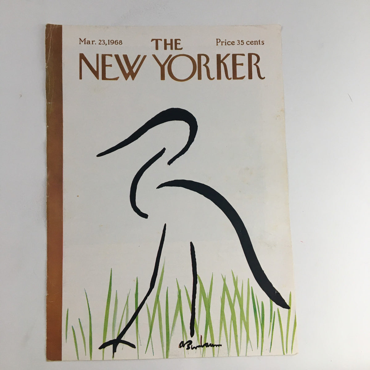 Front view of The New Yorker cover dated March 23, 1968, created by Abe Birnbaum. The cover displays a simple black outline of a bird on a light background, surrounded by hand-drawn grass, reflecting the era's aesthetic.