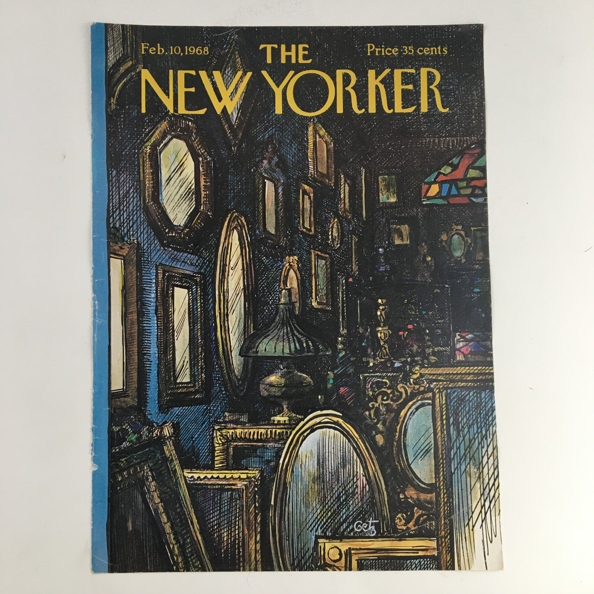Cover of The New Yorker February 10, 1968 by Arthur Getz showcasing vintage mirrors and a lamp in a gallery-like setting.