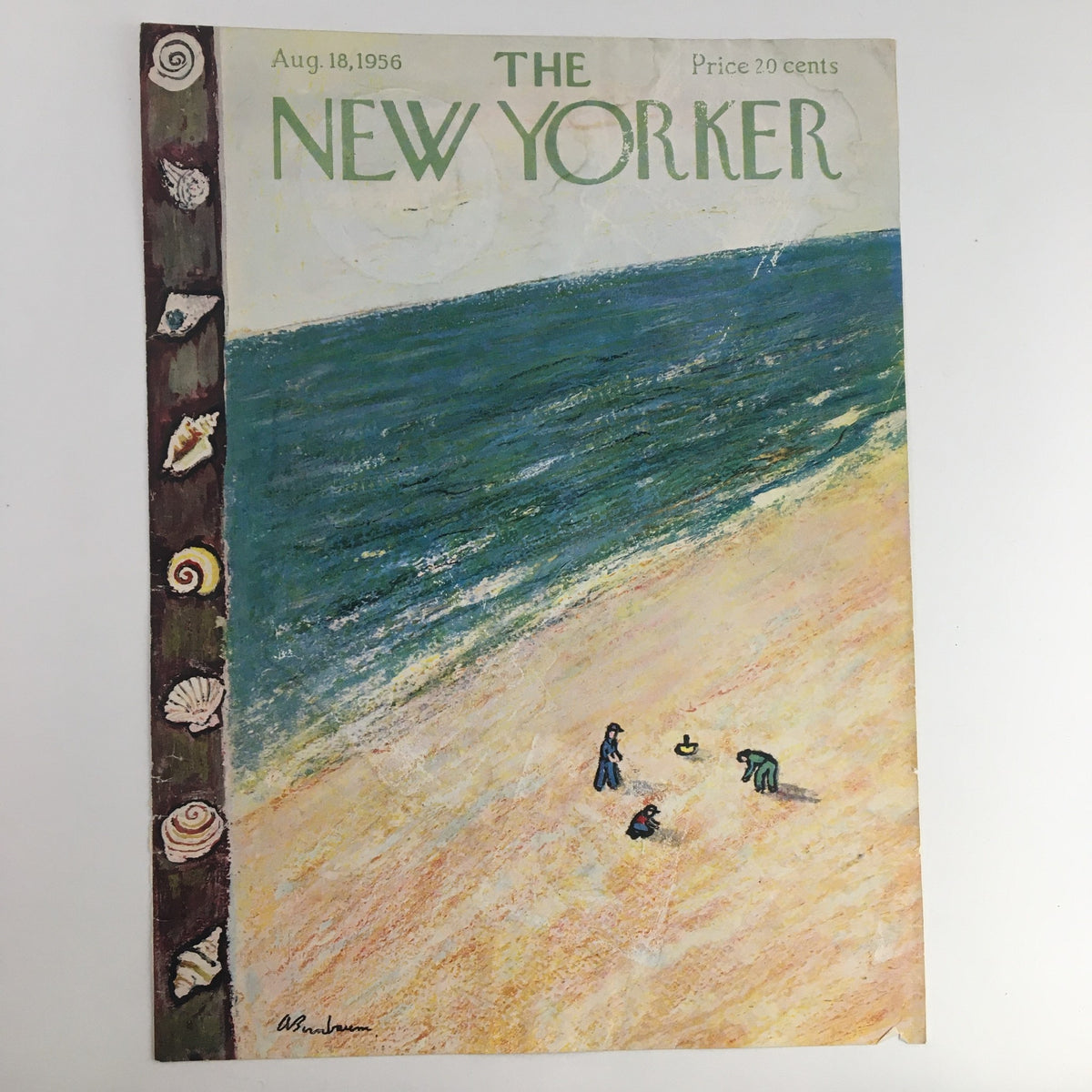 Close-up view of the August 18, 1956 edition of The New Yorker magazine, featuring a vintage cover art designed by Abe Birnbaum, depicting a serene beach landscape.