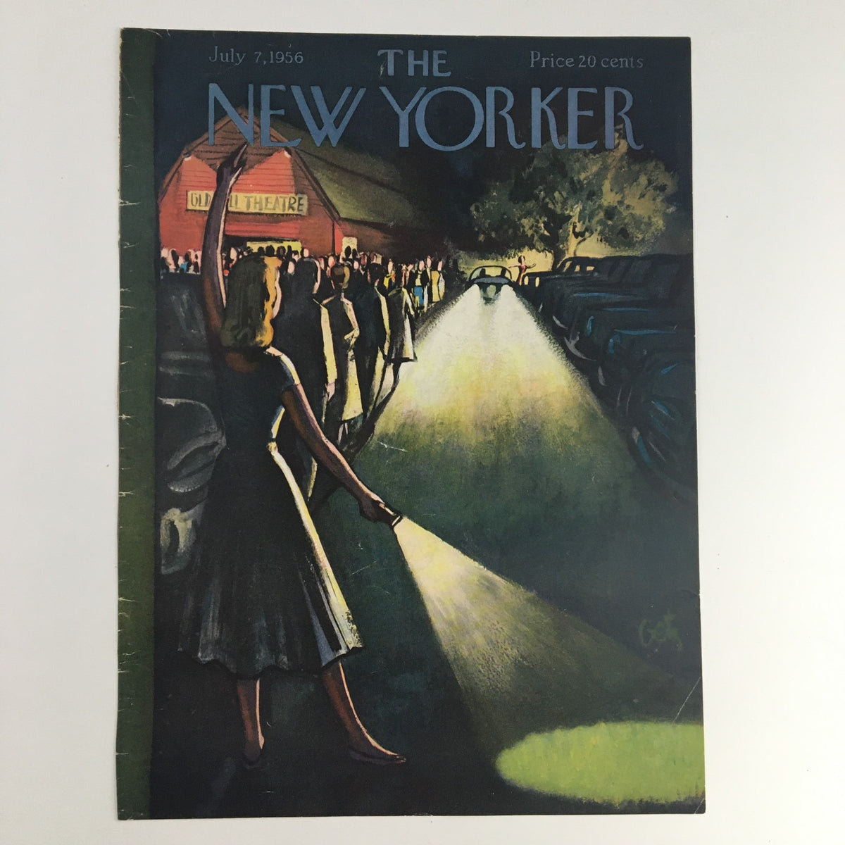 COVER ONLY The New Yorker July 7 1956 Full Cover Theme by Arthur Getz, featuring a stylized scene of an audience in front of a theater illuminated by a spotlight.
