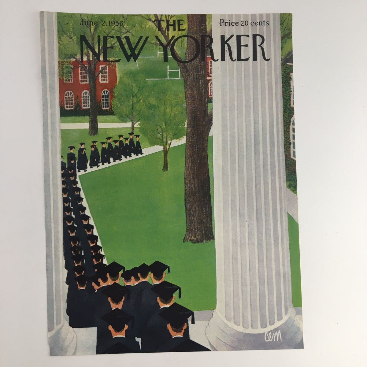 Cover of The New Yorker magazine dated June 2, 1956, showcasing an artistic rendering by Charles E. Martin of graduates in black attire marching on a college lawn, surrounded by trees and university architecture.