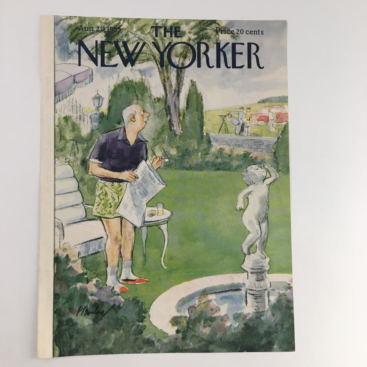 Cover only of The New Yorker August 20, 1955, illustrated by Perry Barlow, showcasing a gentleman in floral shorts and a black shirt reading outside.
