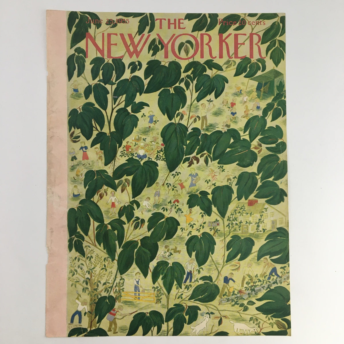 The New Yorker June 25, 1955 cover art by Ilonka Karasz, depicting detailed foliage and a lively summer scene with children engaged in various activities, ideal for vintage magazine collectors.