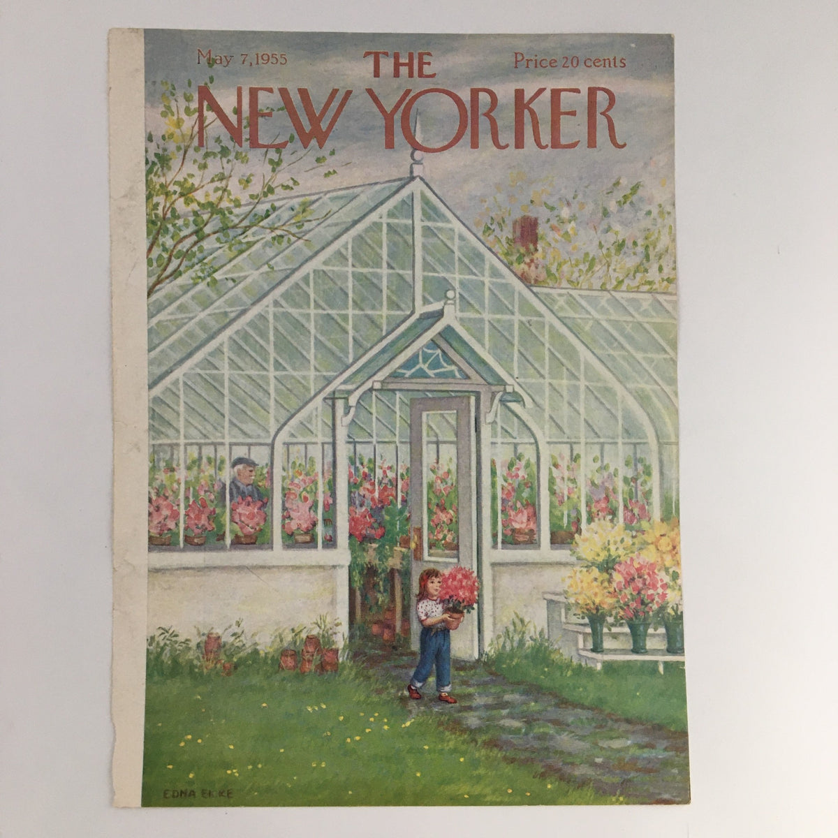 Cover only of The New Yorker dated May 7, 1955, featuring a charming illustration by Edna Eicke, depicting a young child holding a bouquet of flowers in front of a greenhouse filled with vibrant plants.