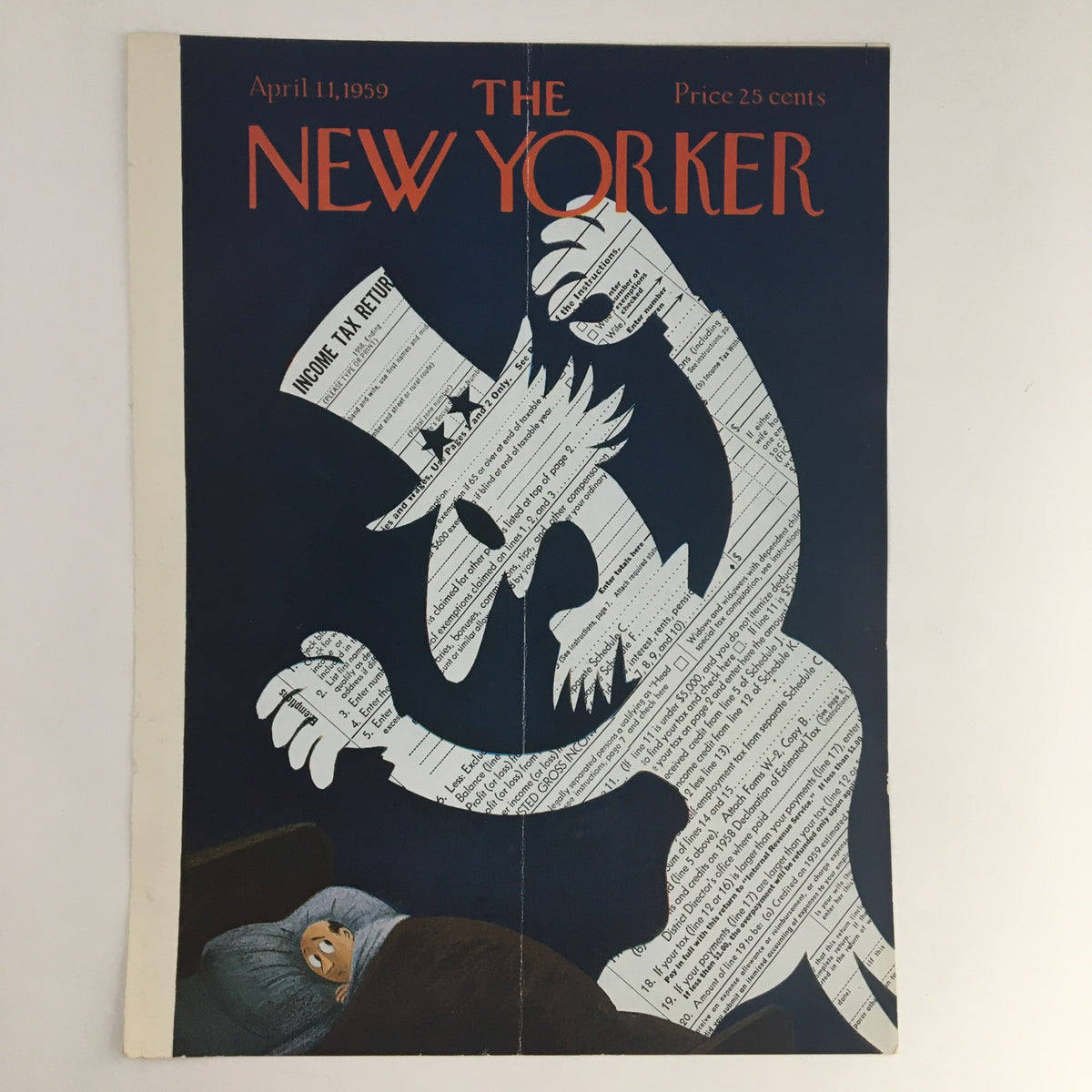 The New Yorker April 11 1959 Full Cover Theme by Charles E. Martin showcasing a striking art piece with a ghostly character made of tax forms, creating a humorous take on the stress of tax season.