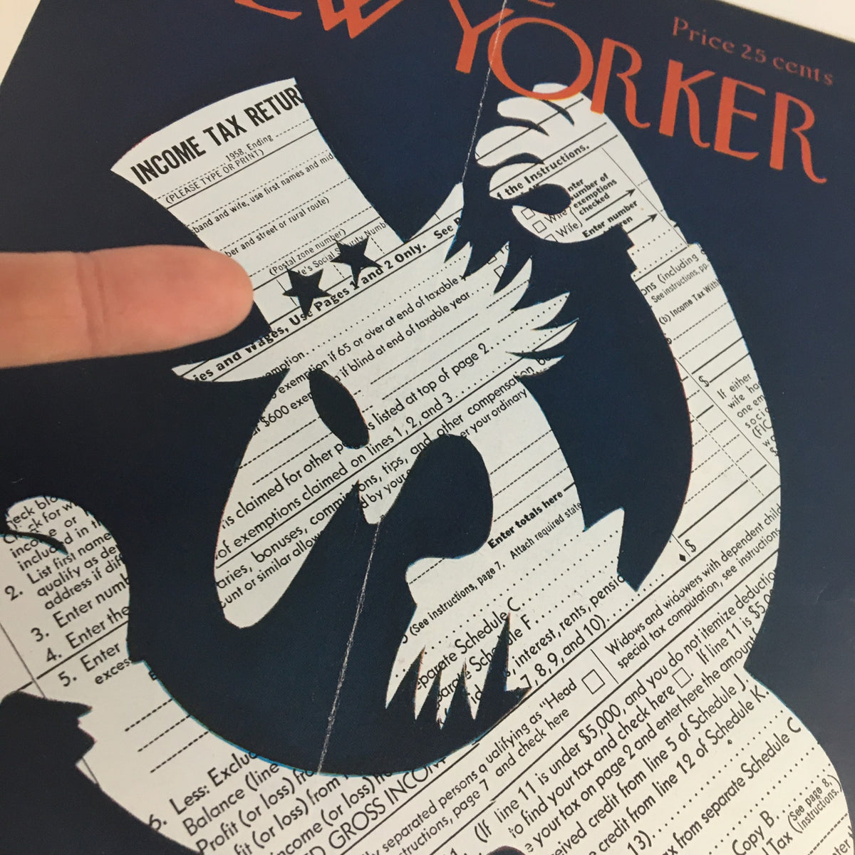 Close-up of The New Yorker April 11 1959 Full Cover Theme by Charles E. Martin, highlighting the detailed artwork of a shadowy figure formed from income tax return documents.