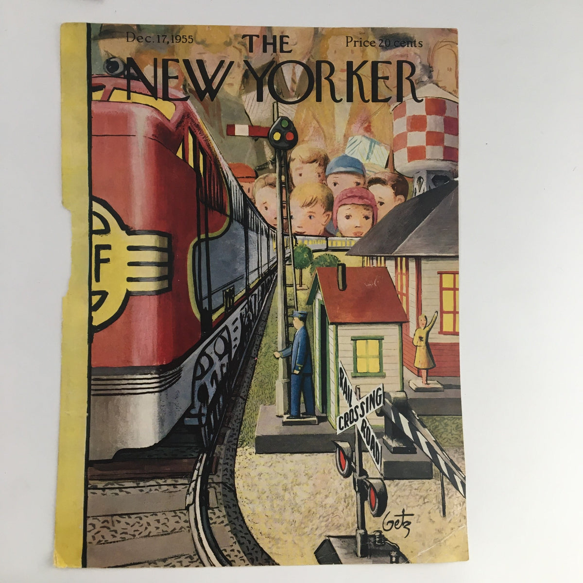 COVER ONLY The New Yorker December 17 1955 Full Cover Theme by Arthur Getz, showcasing a classic train illustration with kids at a railway crossing, representing mid-20th century magazine artistry.