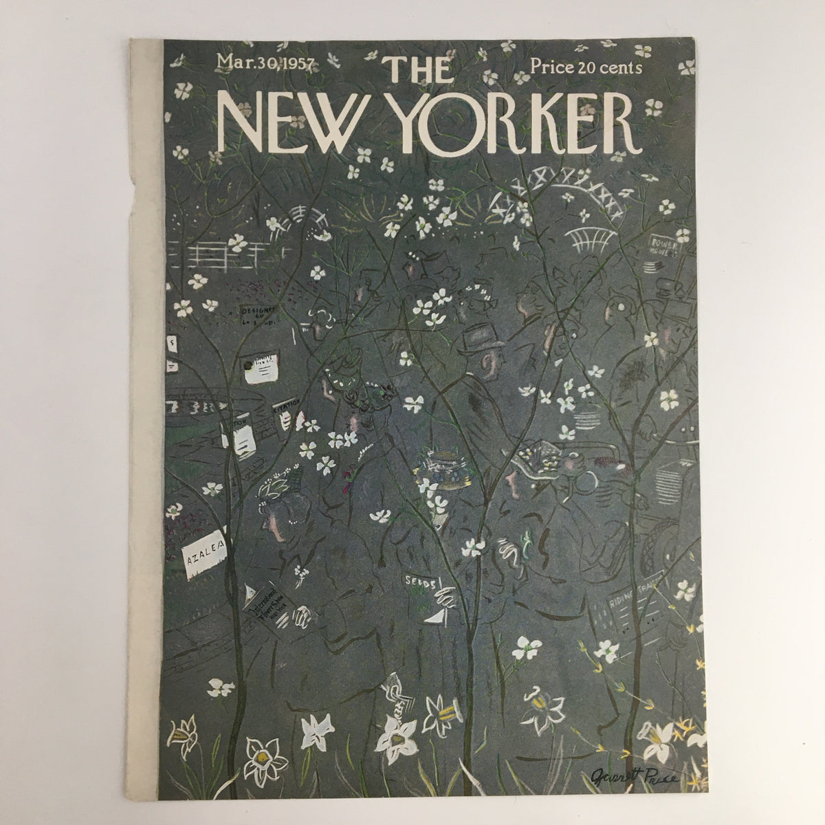 COVER ONLY The New Yorker March 30 1957 Full Cover Theme by Garrett Price, showcasing vintage illustration with floral design and figures in a mid-century artistic style.