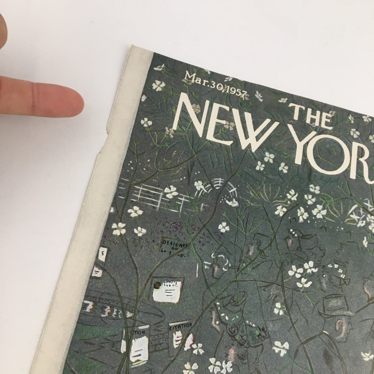 Close-up view of COVER ONLY The New Yorker March 30 1957 Full Cover Theme by Garrett Price, highlighting details of the cover art, including floral accents and text.