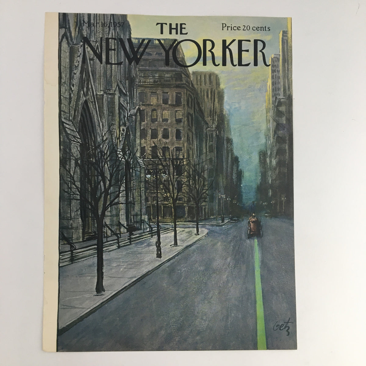 Cover of The New Yorker dated March 16, 1957, illustrated by Arthur Getz, featuring a city street scene with trees and buildings.