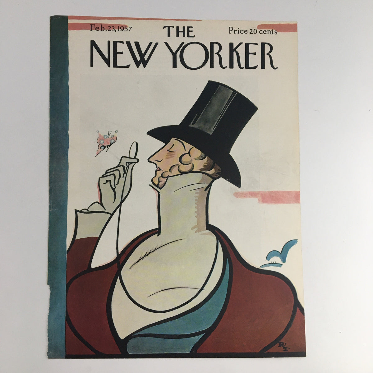 The New Yorker February 23, 1957 cover design created by Rea Irvin, depicting a classic illustration with a refined character in a top hat and nostalgic artwork.