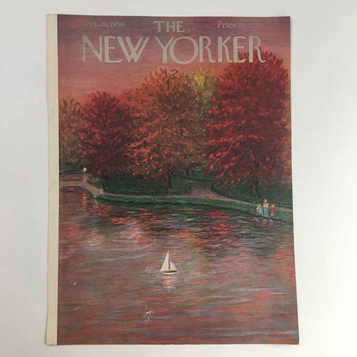 Close-up of The New Yorker cover from October 20, 1956, highlighting the magazine title and details of the colorful fall landscape, created by Edna Eicke.