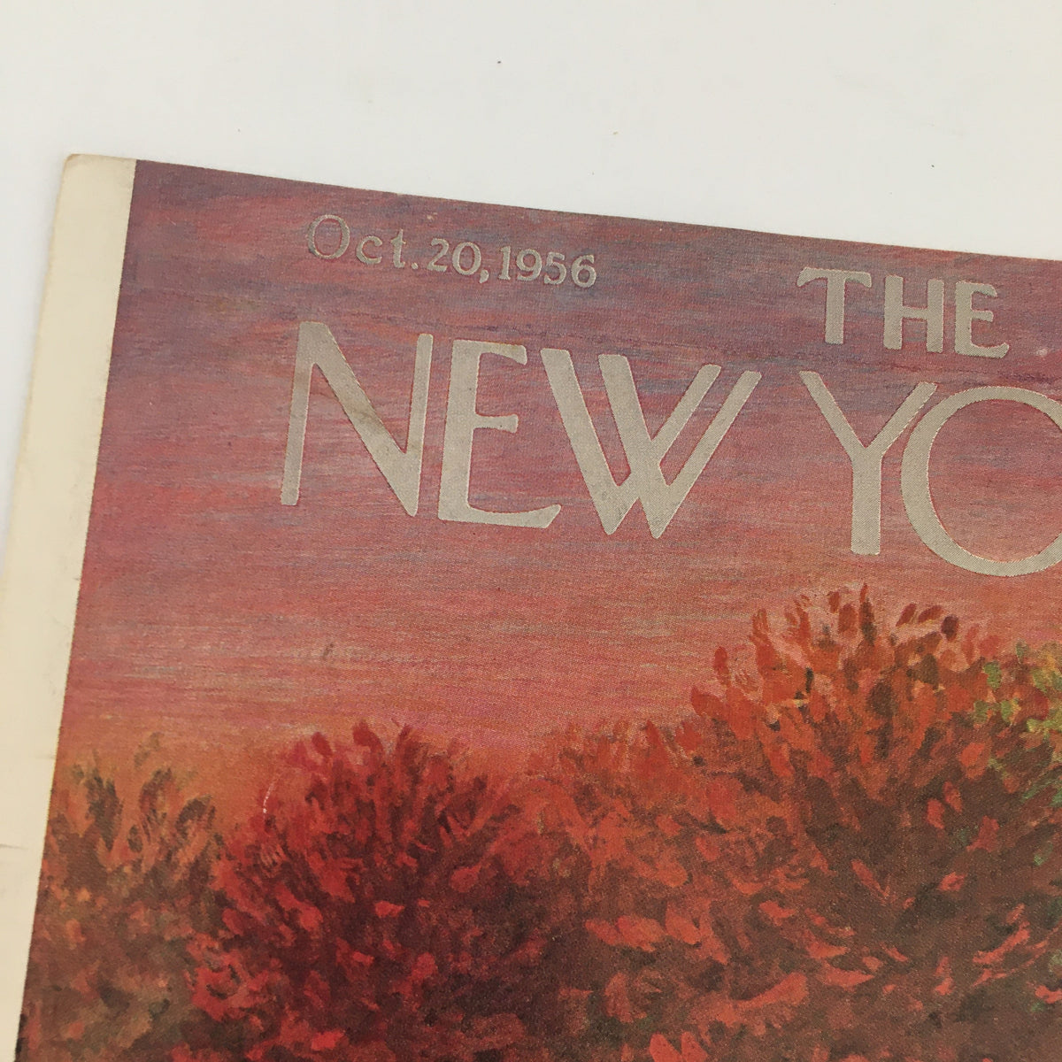 Detailed view of The New Yorker cover dated October 20, 1956, showcasing the title against a backdrop of rich autumn hues, art by Edna Eicke.