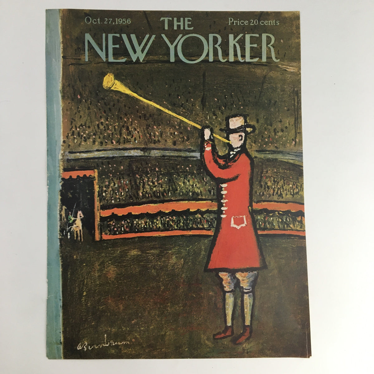 Front cover of The New Yorker, October 27, 1956, showcasing an artistic illustration by Abe Birnbaum of a character with a trumpet in a circus-like environment.