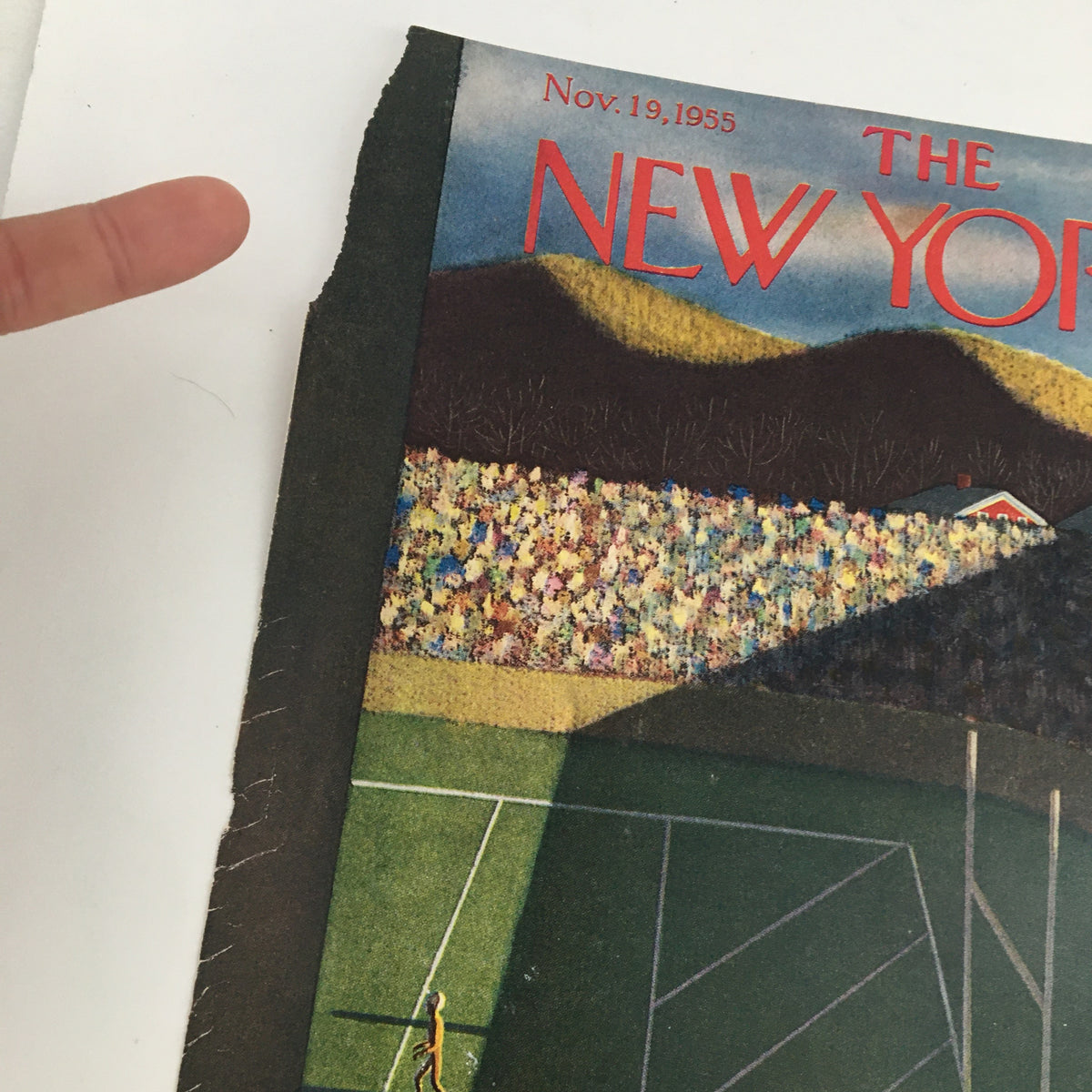 Close-up of The New Yorker cover from November 19, 1955 by Charles E. Martin, highlighting the details of the artwork with spectators and a colorful landscape.