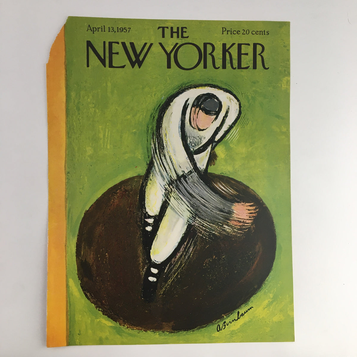 Cover Only The New Yorker April 13 1957, illustrated by Abe Birnbaum, featuring an artistic depiction of a figure in motion with a striking green backdrop, ideal for vintage magazine collectors.