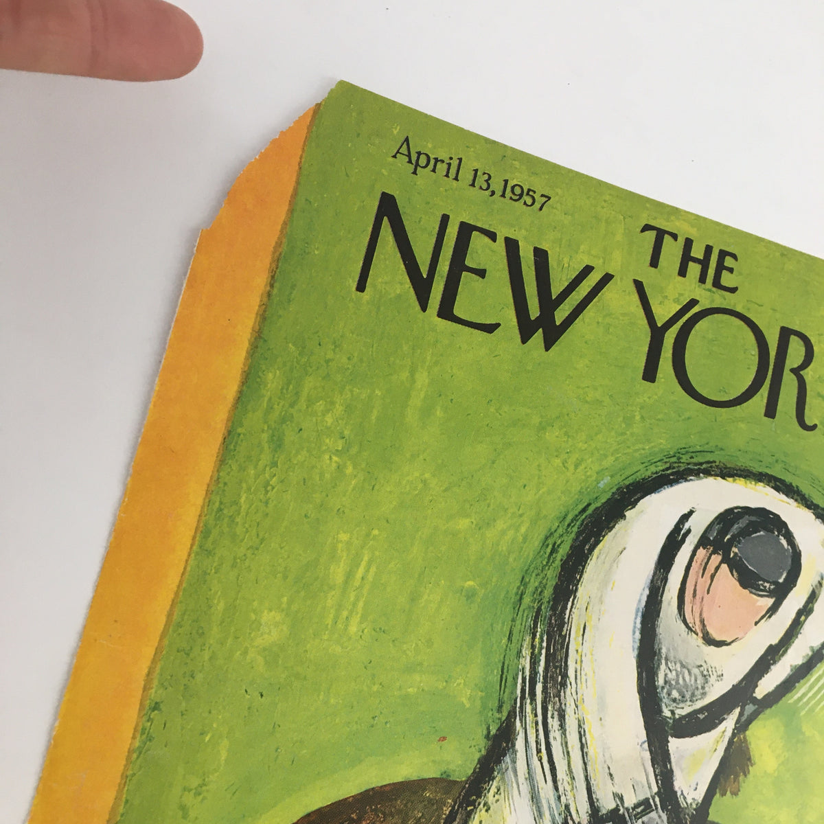 Cover of The New Yorker April 13, 1957 featuring vibrant artwork by Abe Birnbaum, showcasing a playful and artistic representation from the late 1950s.