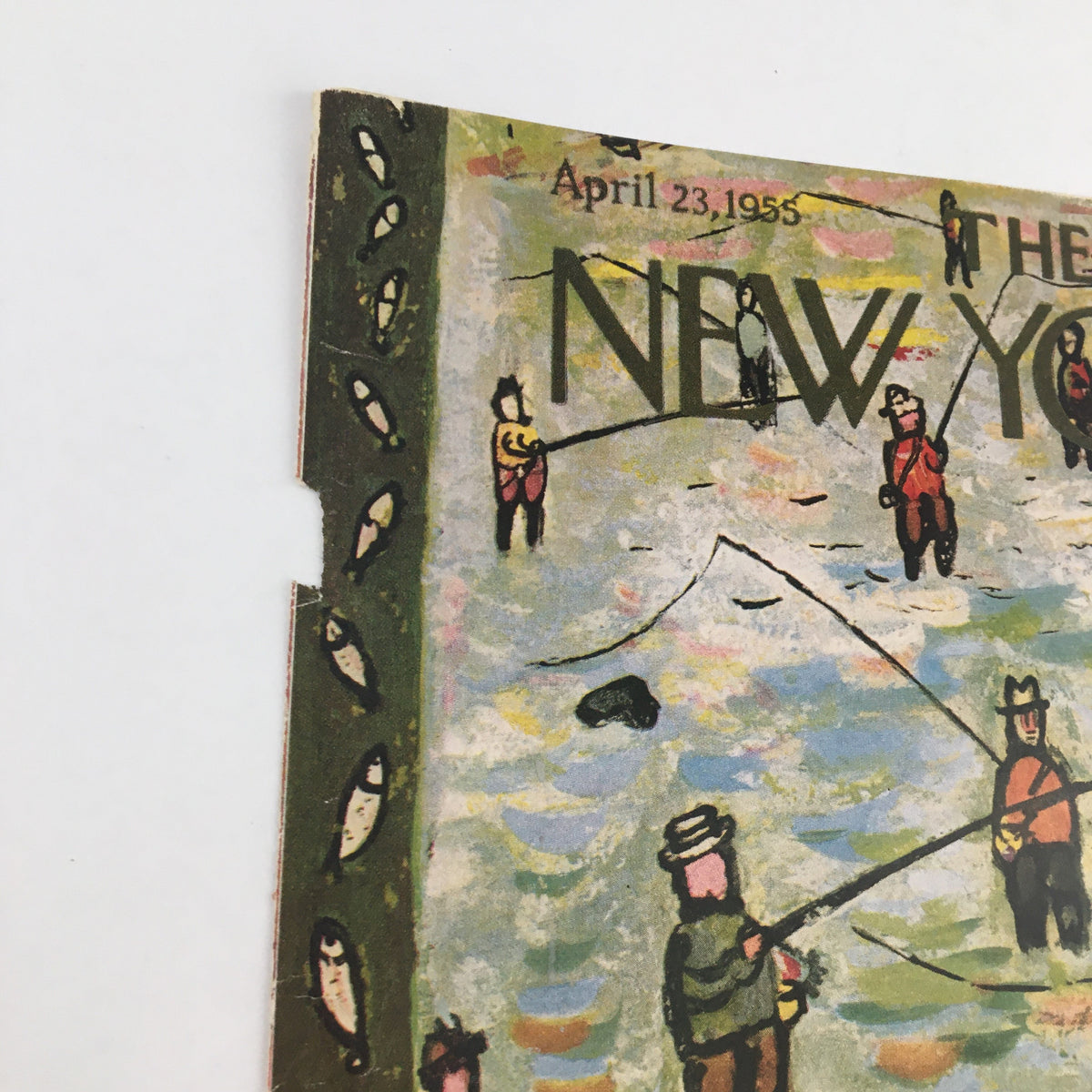 Detail of The New Yorker April 23 1955 cover illustrated by Abe Birnbaum, focusing on fishing scenes and a vintage design aesthetic.