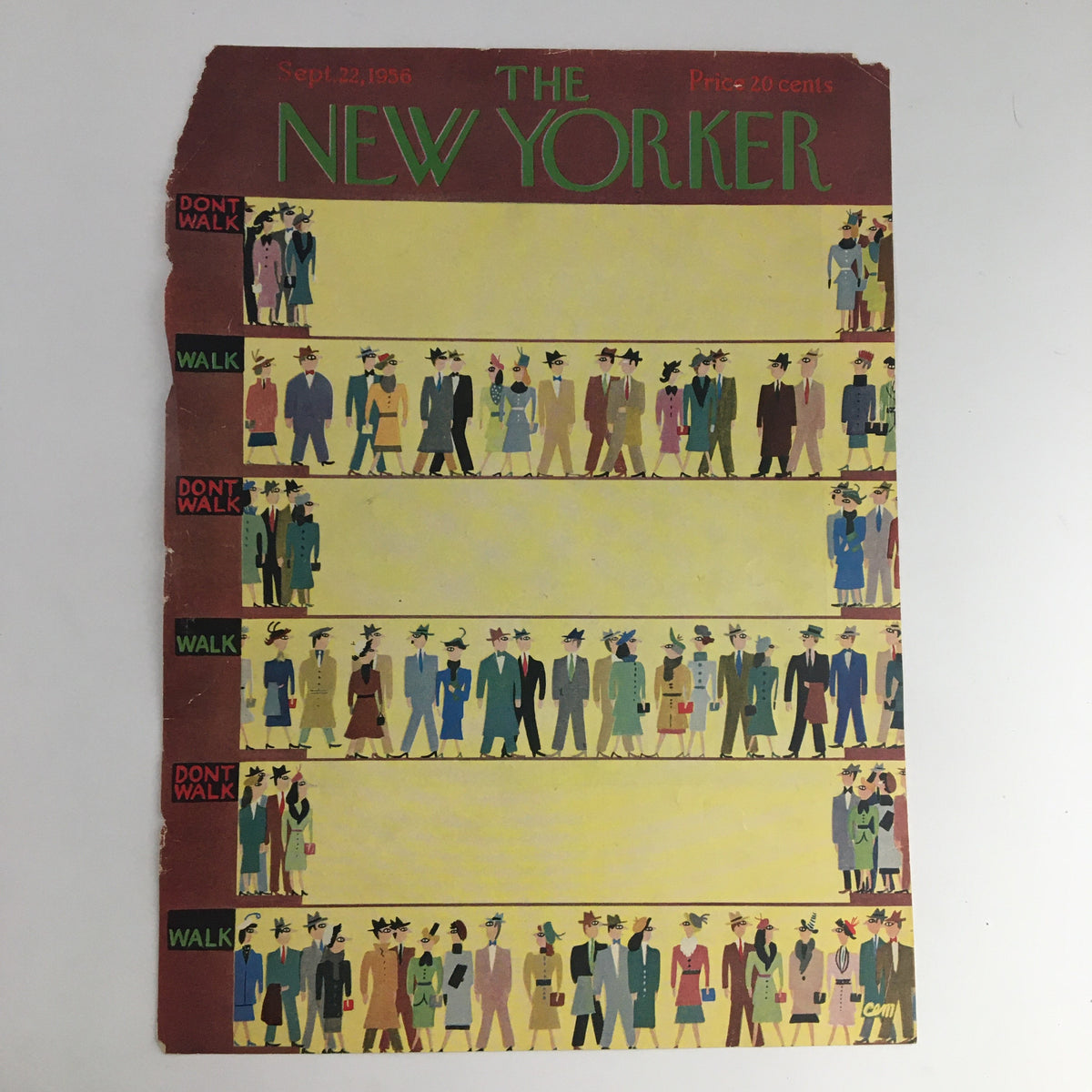 The New Yorker September 22, 1956 cover showcasing a colorful illustration by Charles E. Martin, depicting stylish figures at a pedestrian crossing with 'Don't Walk' and 'Walk' signals.