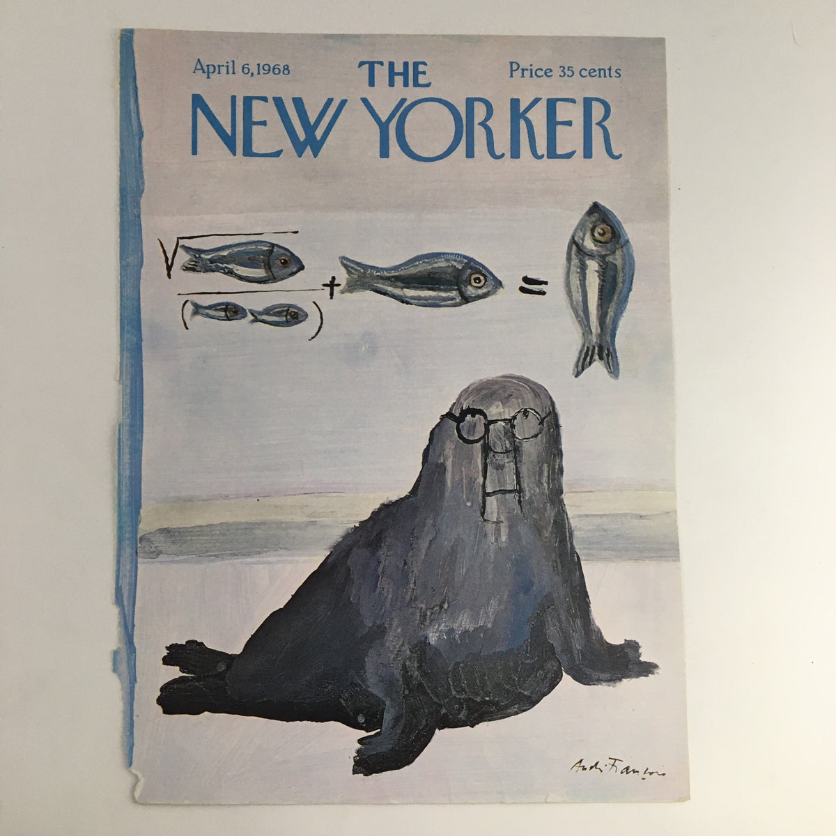 COVER ONLY The New Yorker April 6 1968 showcasing an artistic depiction of a seal in glasses, with fish illustrations and equations above.