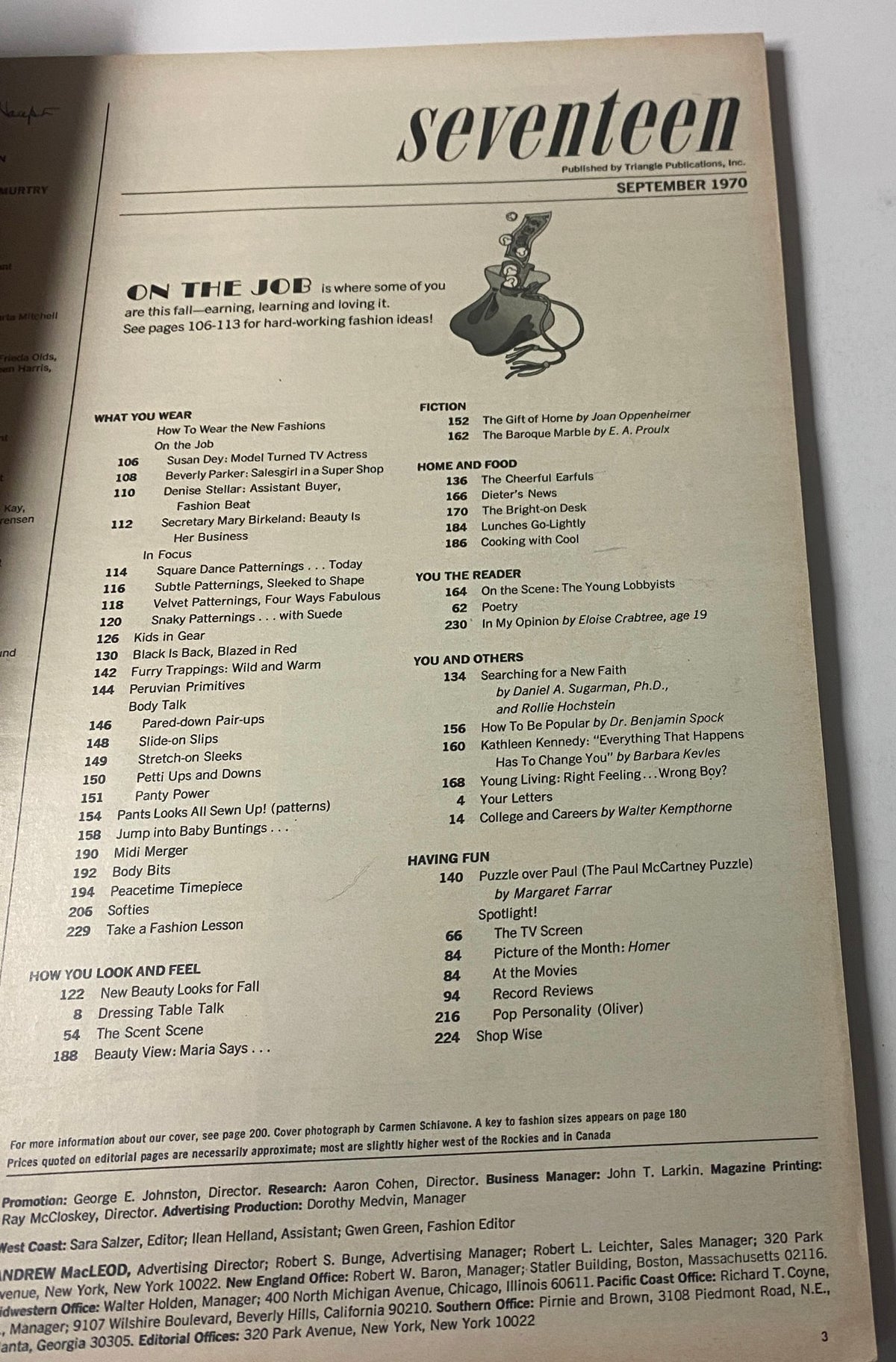 Page from Seventeen Magazine September 1970 displaying the table of contents, highlighting features such as ‘On the Job’ and ‘The Paul McCartney Puzzle’.