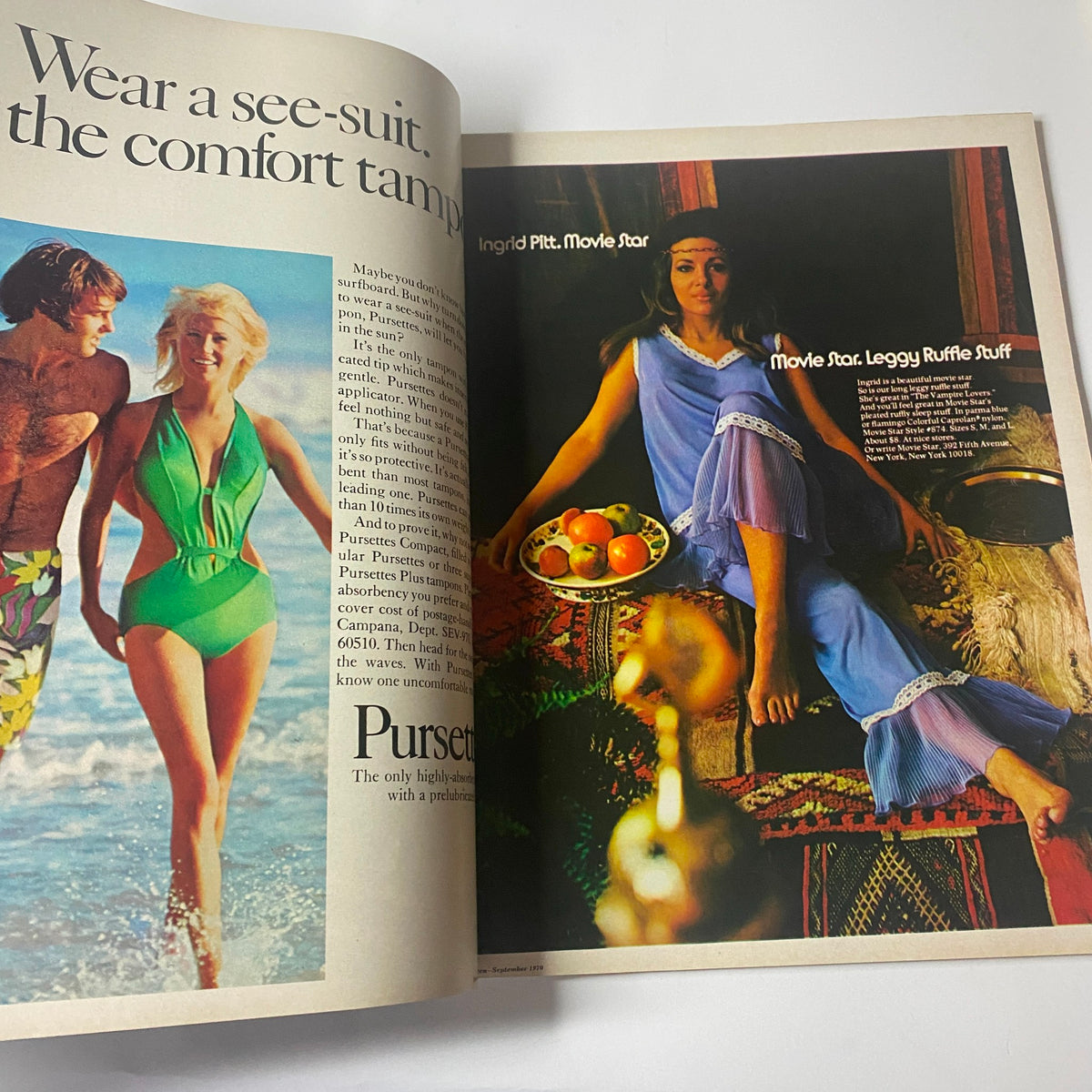 Spread from Seventeen Magazine September 1970 showing swimwear styles, including a vintage fashion look inspired by Hollywood movie star Ingrid Pitt.