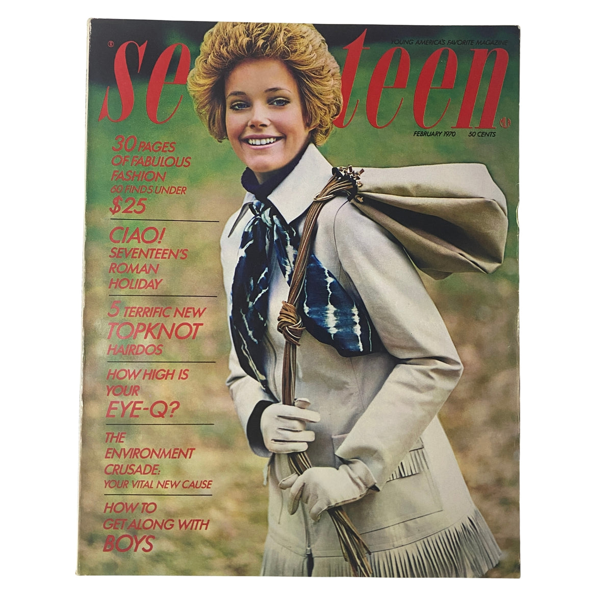 Seventeen Magazine February 1970 cover featuring a fashionable model with a stylish coat, promoting contents like '30 Pages of Fabulous Fashion' and 'How to Get Along with Boys'. This vintage issue celebrates the essence of Barbara Hershey and youth culture.