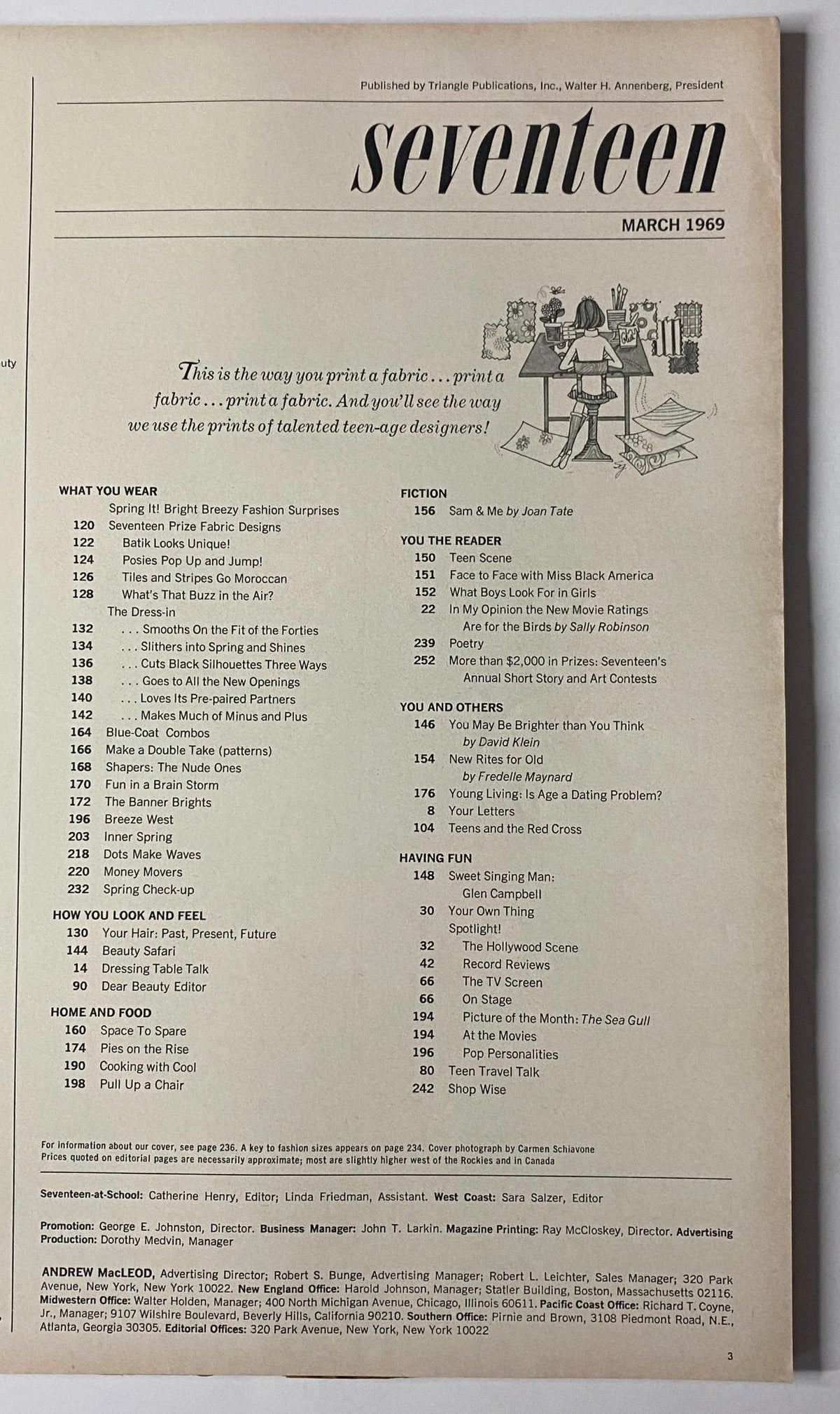 Back cover of Seventeen Magazine March 1969 showcasing the layout and publishing details, emphasizing textile design and the magazine's offerings.