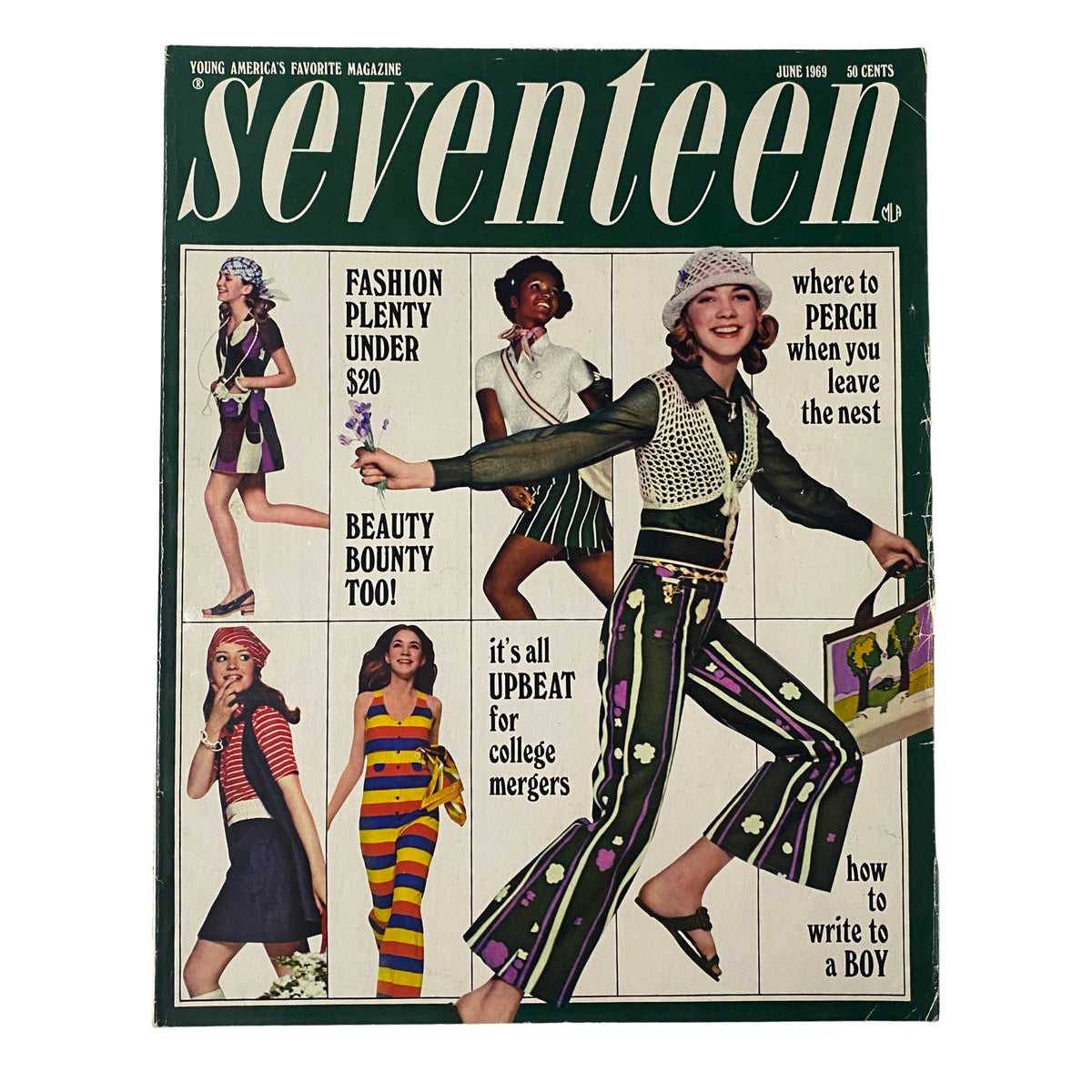 Cover of Seventeen Magazine June 1969 featuring upbeat fashion styles including striped pants, summer outfits under $20, and editorial highlights on college mergers.