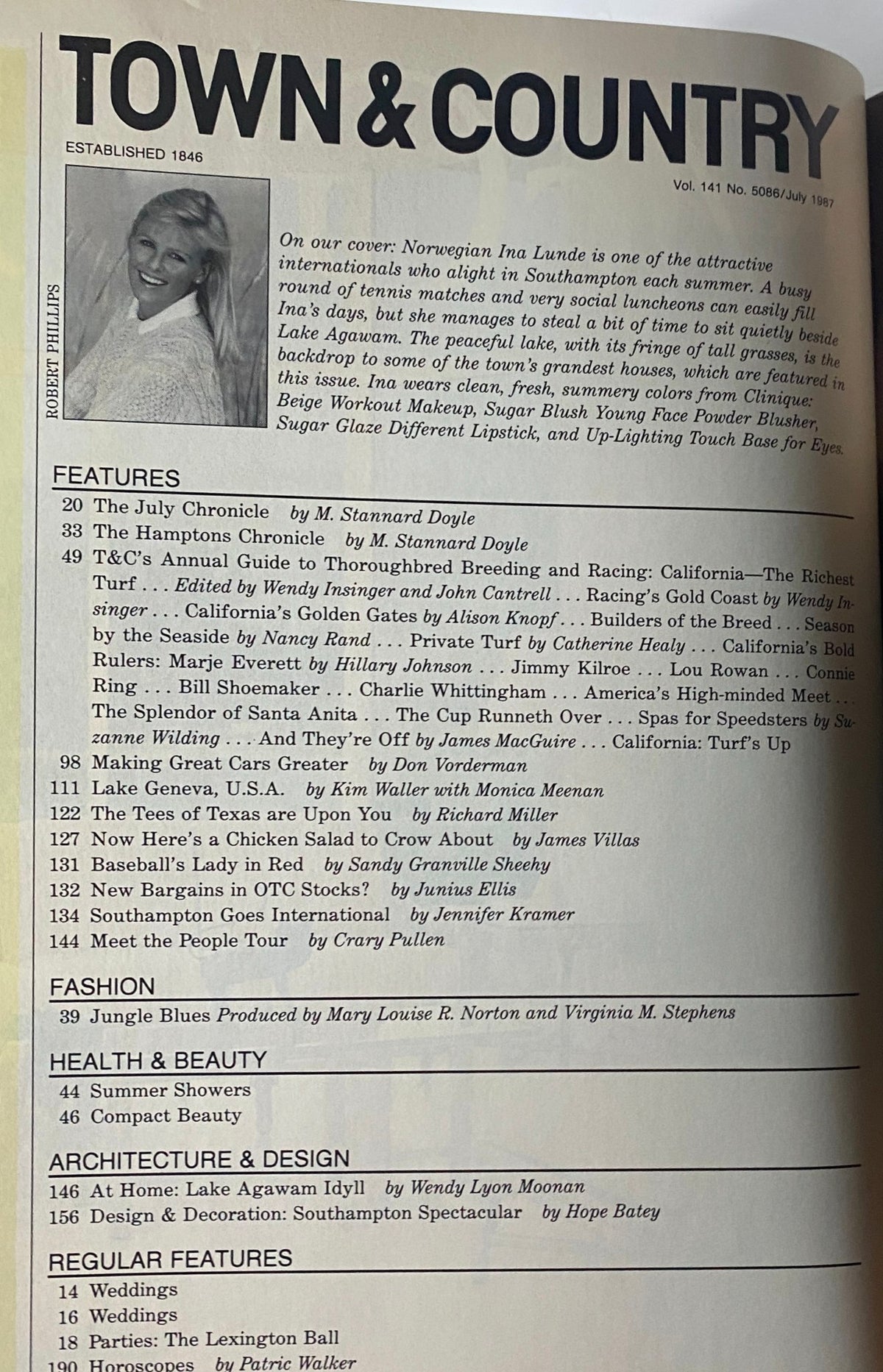 Table of contents for Town & Country Magazine, July 1987, highlighting features and articles including segments on Ina Lunde and summer themes.