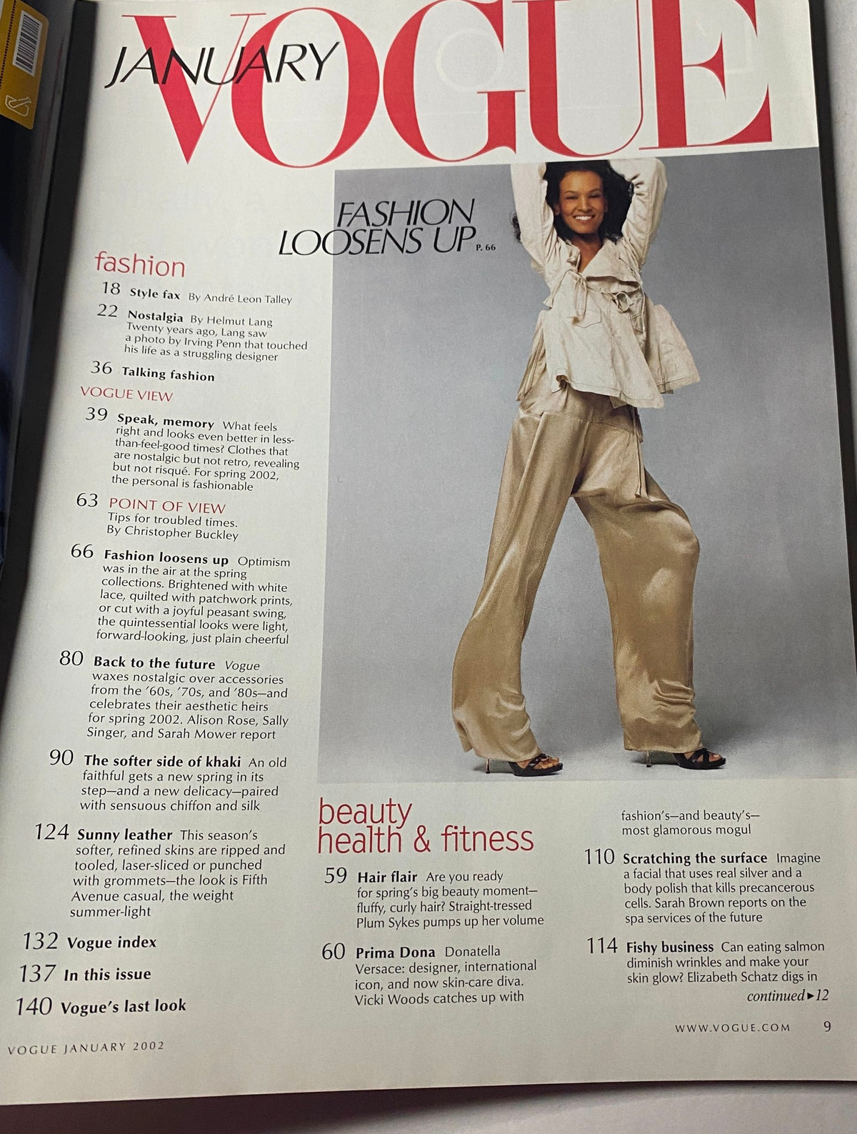 Table of contents from Vogue Magazine January 2002, highlighting sections on fashion and beauty with the title 'Fashion Loosens Up' prominently displayed.