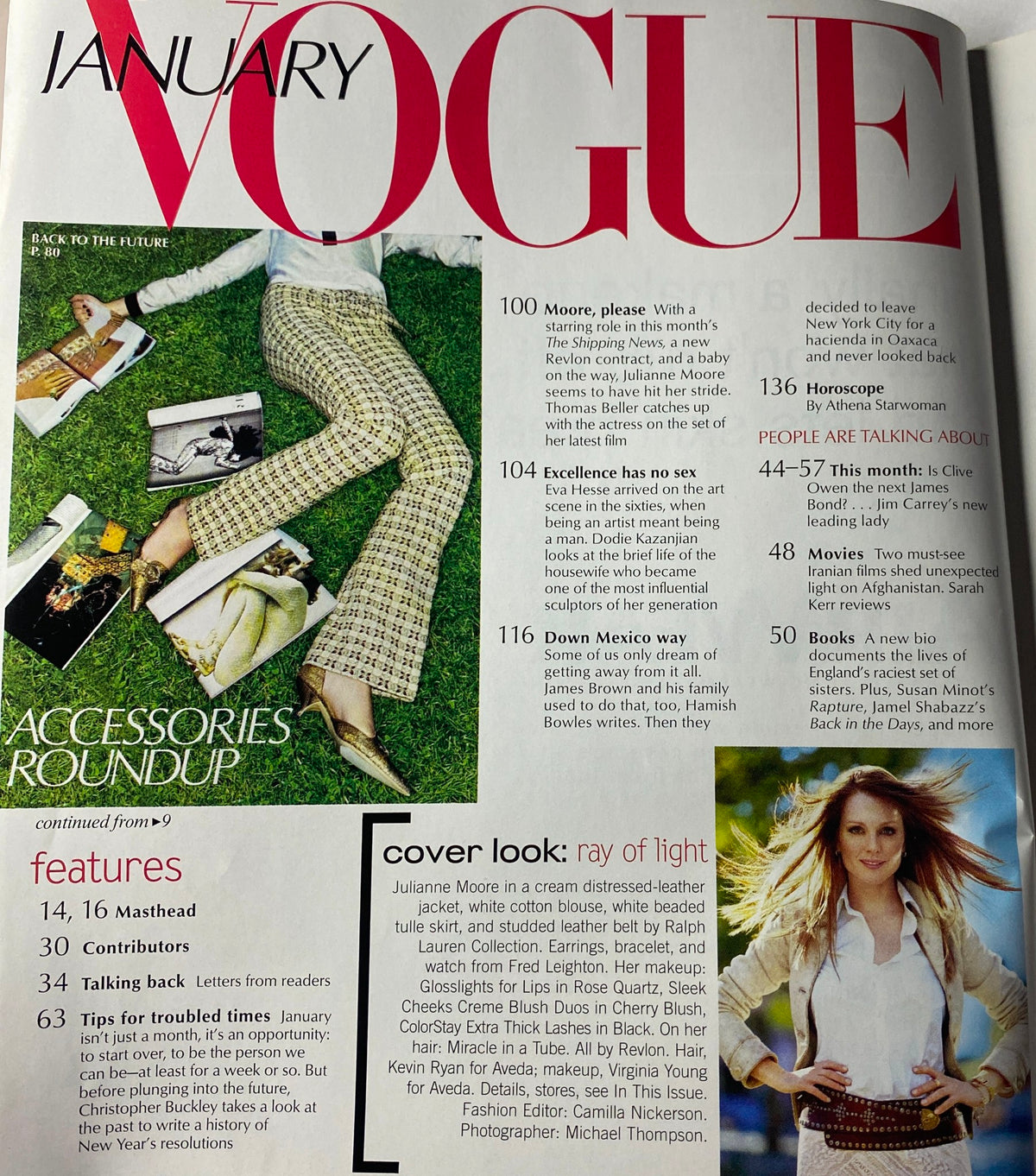 Page from Vogue Magazine January 2002 listing features including 'Accessories Roundup' and mentioning Julianne Moore on the cover.