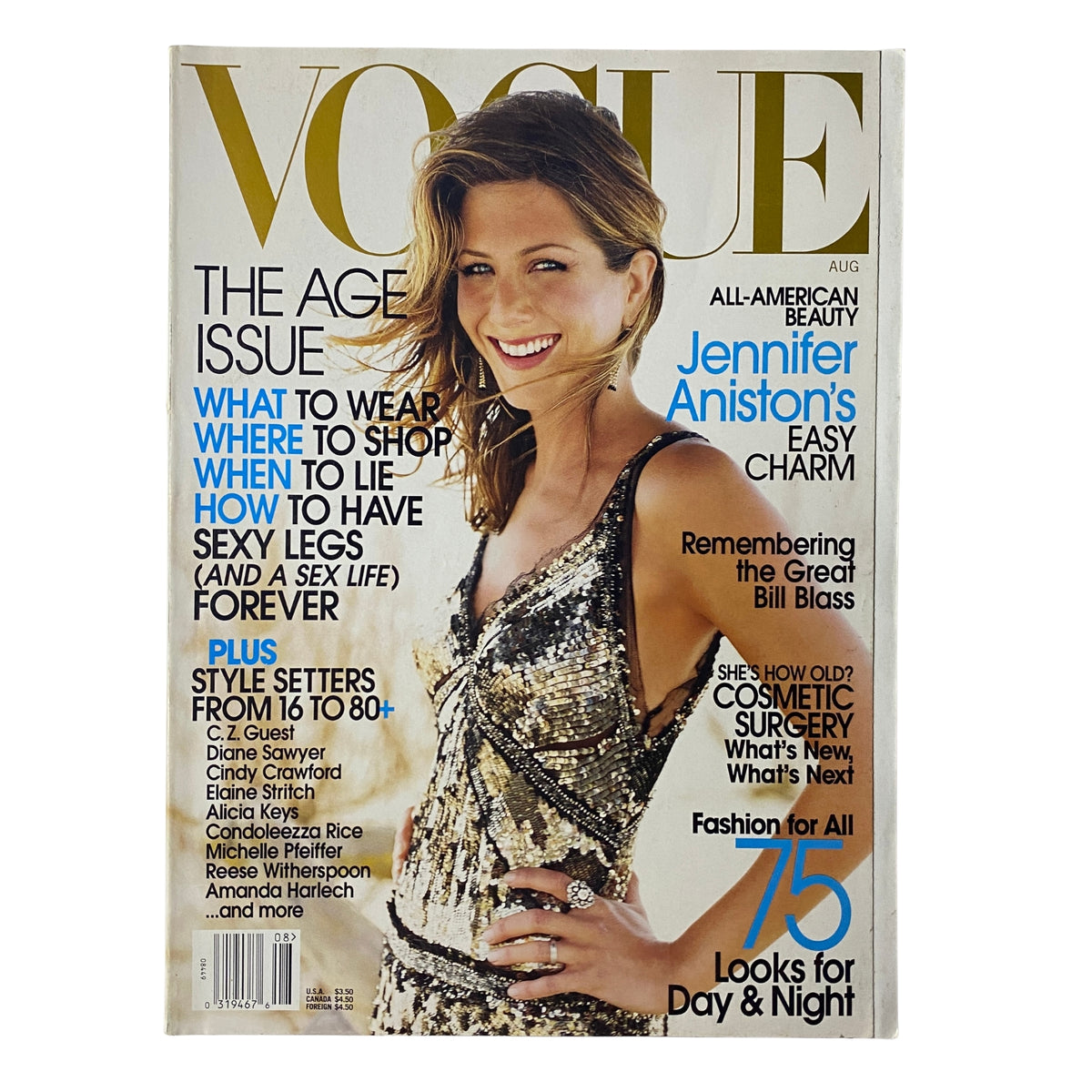 Vogue Magazine August 2002 featuring Jennifer Aniston on the cover, highlighting the theme 'The Age Issue', showcasing her chic style and beauty.