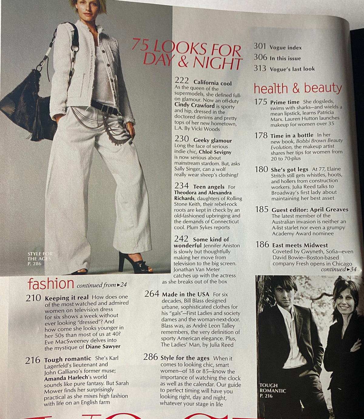 Another inside page of Vogue Magazine August 2002 showcasing health and beauty features, including 'Keeping it Real' and 'Tough Romantic', celebrating influential women.