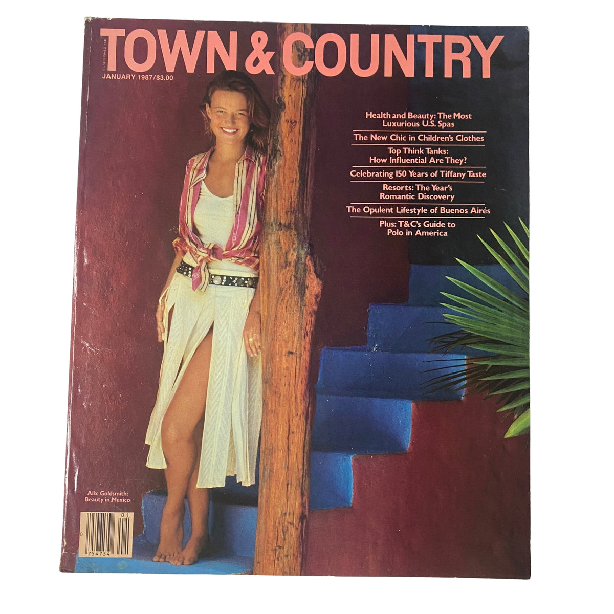 Cover of Town & Country Magazine January 1987 featuring Alix Goldsmith in a stylish outfit, set against a vibrant backdrop, showcasing themes of luxury and elegance.
