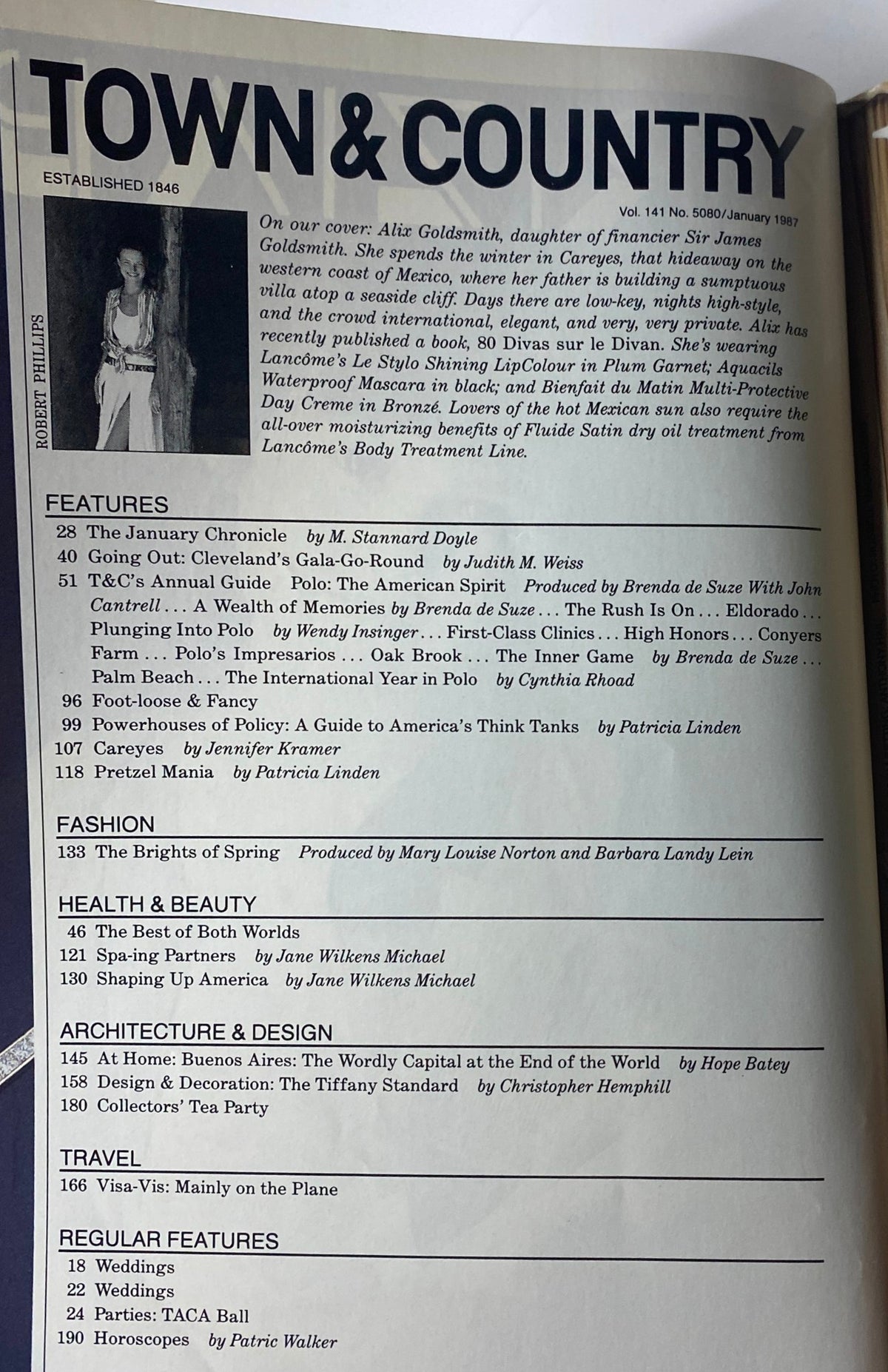Interior page from Town & Country Magazine January 1987 displaying the table of contents, highlighting features and articles on fashion, beauty, and travel.