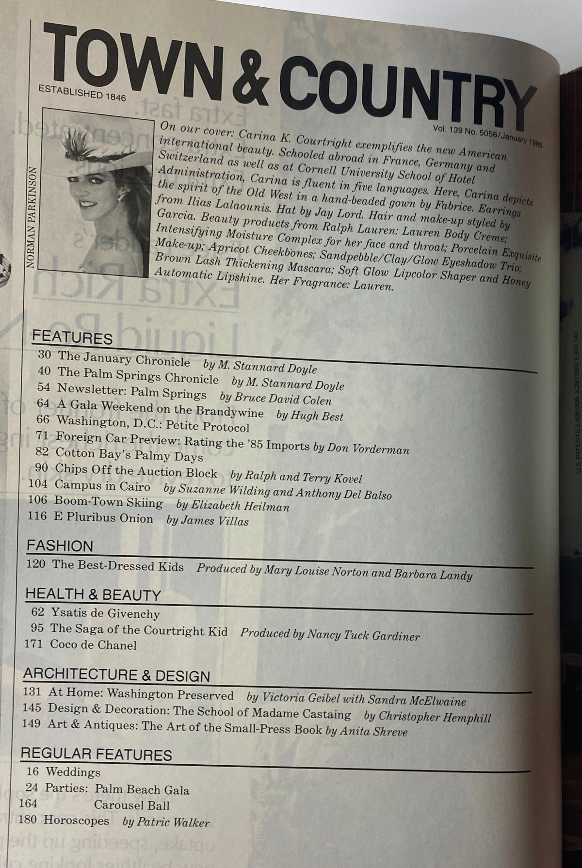 Interior page of Town & Country Magazine January 1985 listing features and highlights, including articles like 'The January Chronicle' and 'Weddings'.