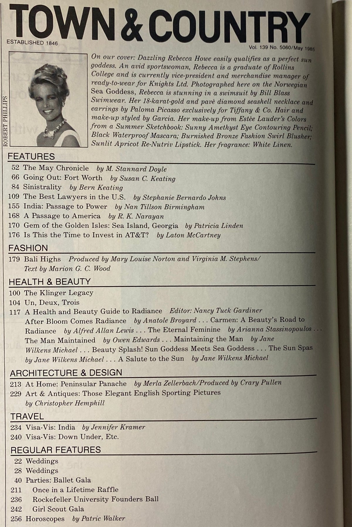 Town & Country Magazine May 1985 contents page with features including 'The May Chronicle', 'Going Out: Fort Worth', and a health and beauty guide, highlighting luxury lifestyle and captivating articles.