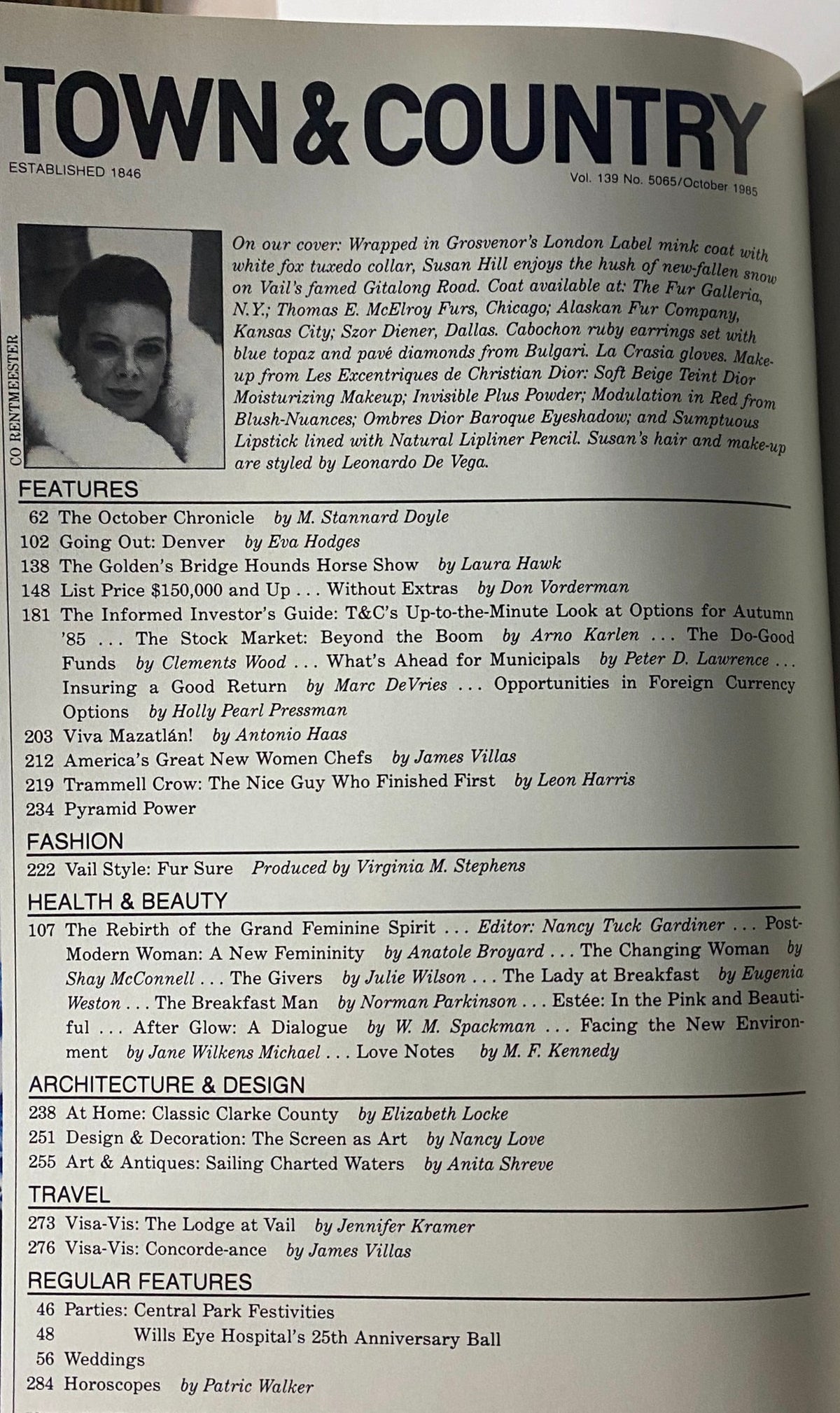 Inside view of Town & Country Magazine October 1985, showcasing features and articles including 'The October Chronicle' and health insights.