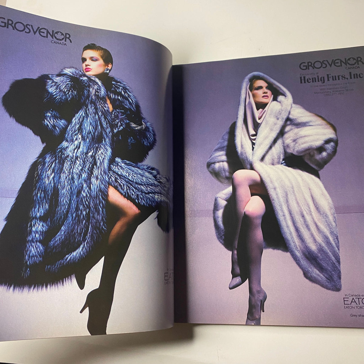 Fashion spread from Town & Country Magazine October 1985, displaying models in opulent grosvenor furs, highlighting high-fashion winter styles.