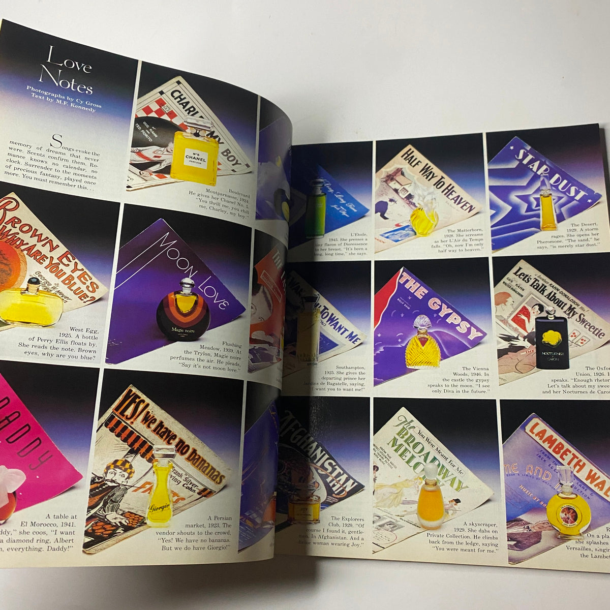 Page from Town & Country Magazine October 1985 showcasing advertisements for various perfumes, including Love Notes, with vibrant colors and artistic designs.