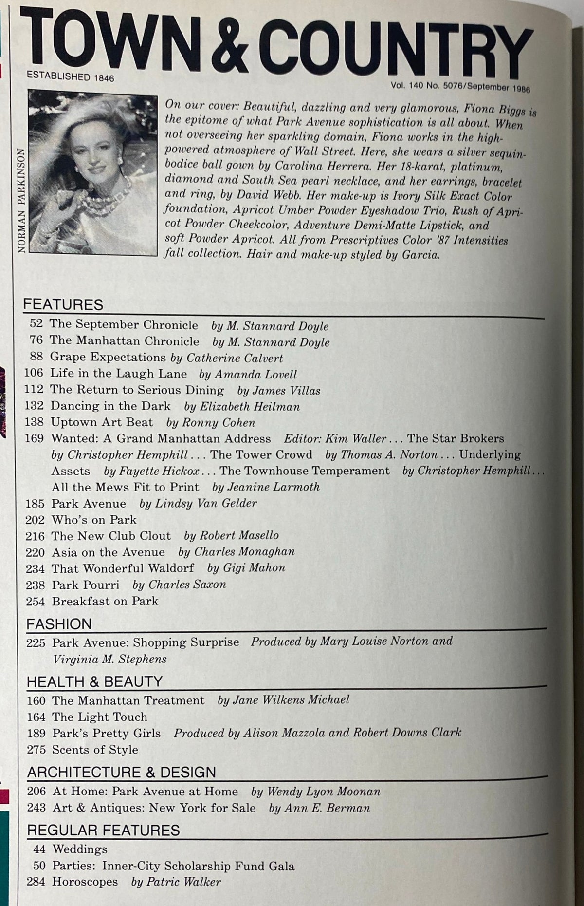 Table of contents from Town & Country Magazine, September 1986, highlighting feature articles and editorial content.