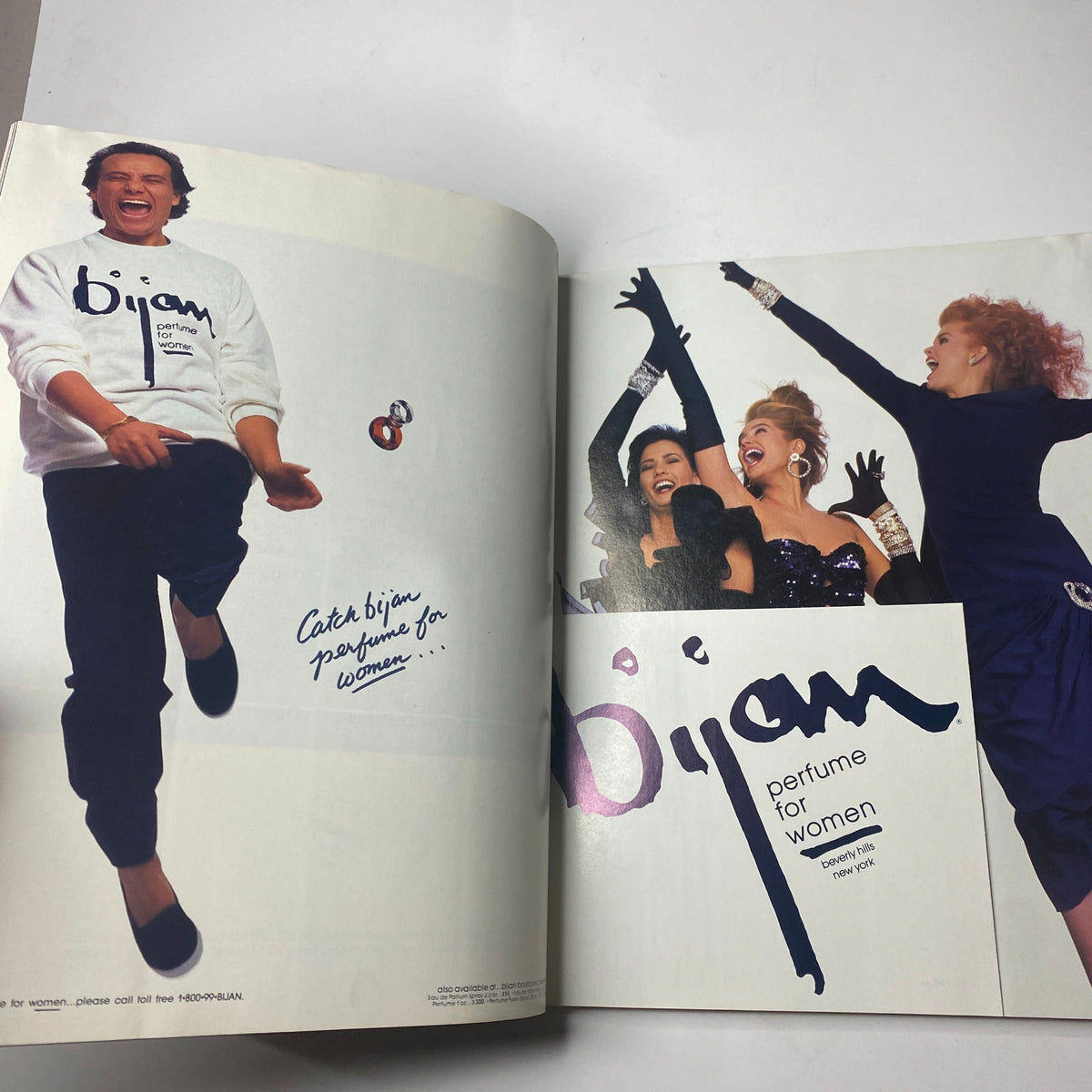 Vintage advertisement for Bijan perfume for women featured in Town & Country Magazine May 1987, showcasing a cheerful model in a white sweatshirt and glamorous women wearing elegant outfits.