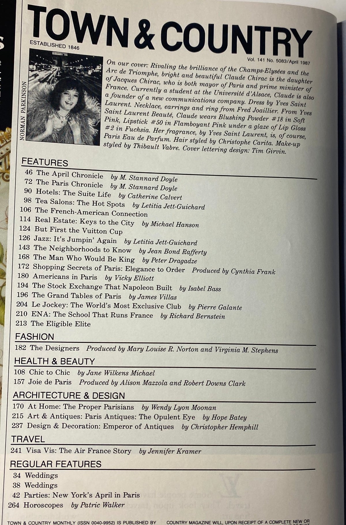 Contents page of Town & Country Magazine April 1987 listing featured articles and regular features, highlighting fashion, beauty, architecture, and travel.