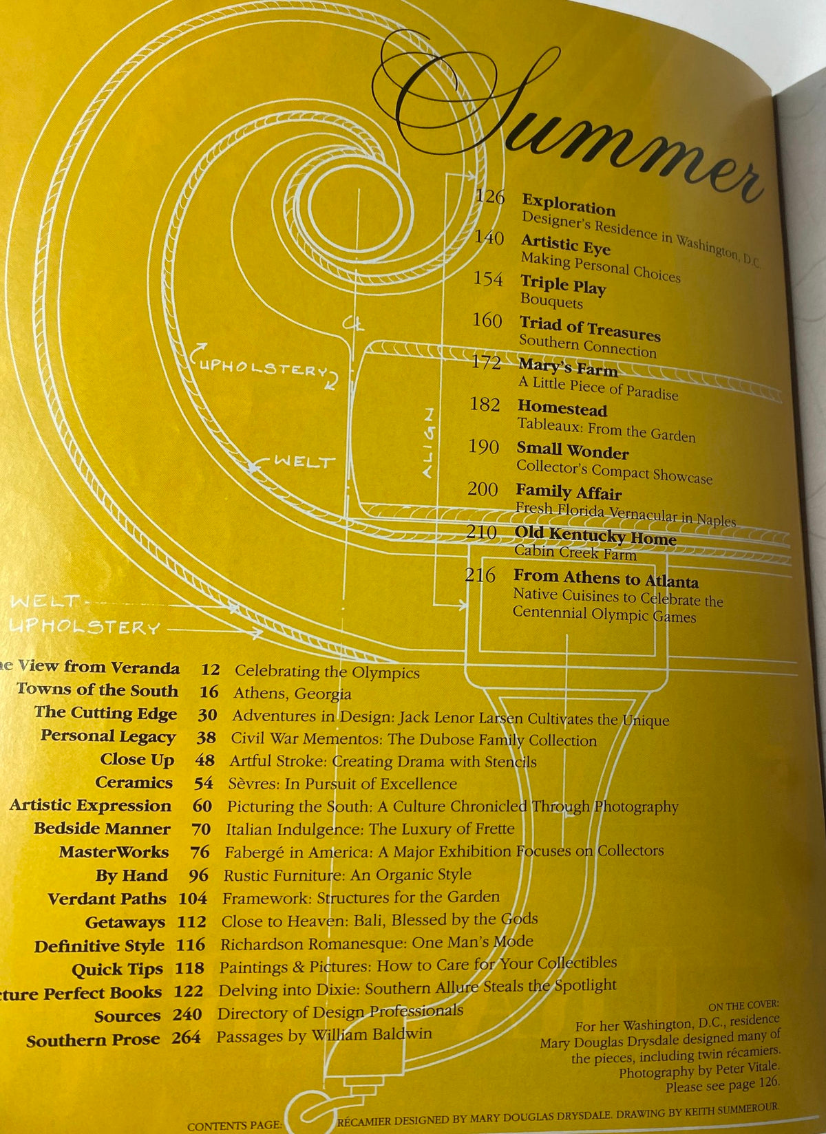 Contents page of Veranda Magazine Summer 1996 detailing articles including Mary Douglas Drysdale's Residence and features on Southern culture and design.