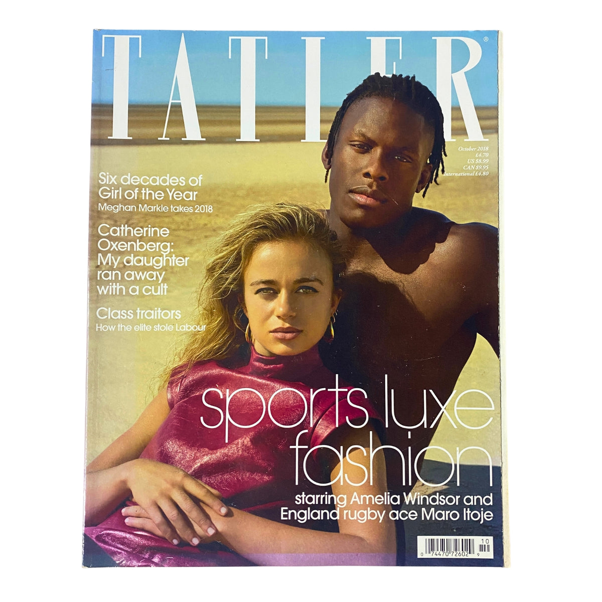 Tatler Magazine October 2018 cover featuring Amelia Windsor and Maro Itoje, highlighting sports luxe fashion and featuring Meghan Markle as Girl of the Year.