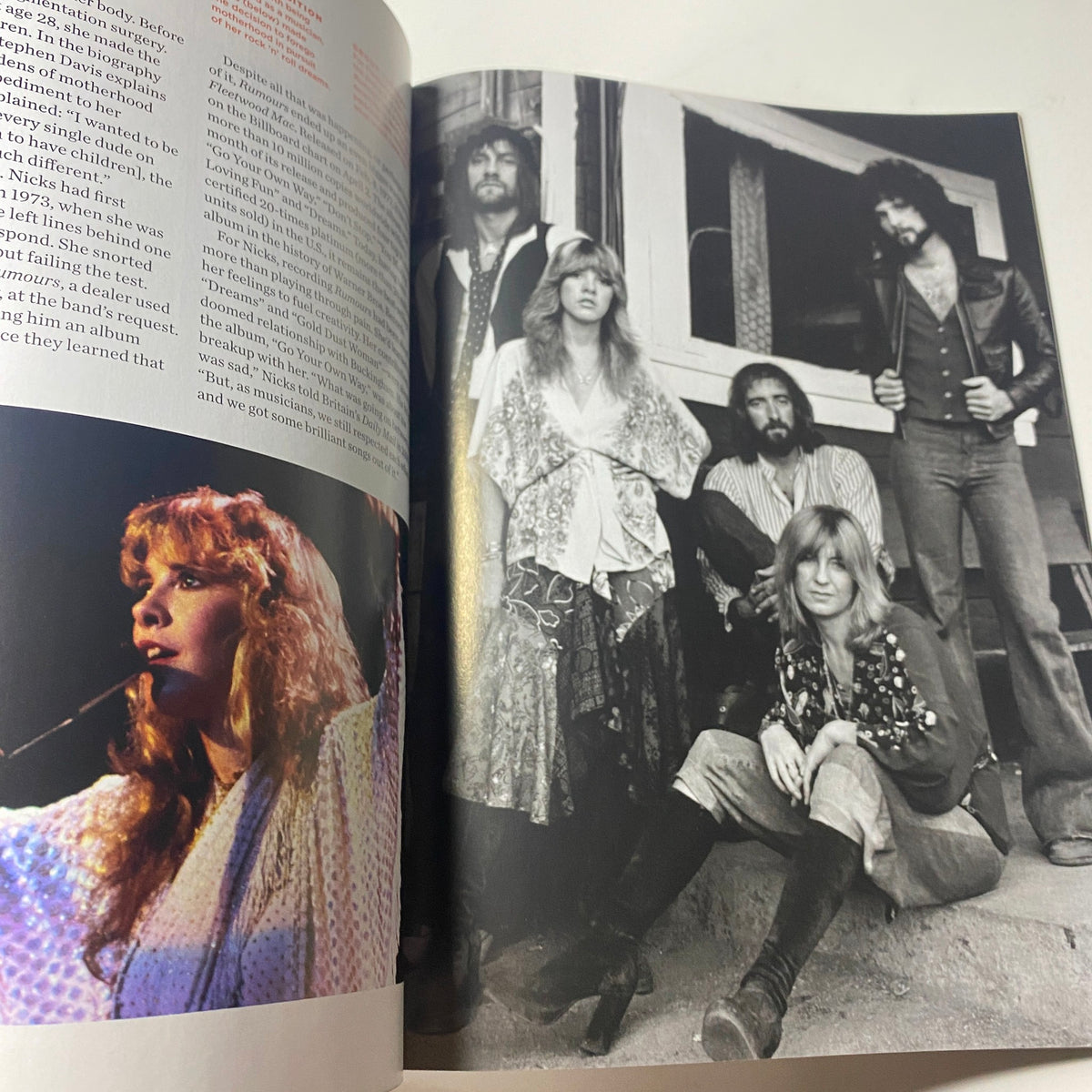 Inside page of 'Stevie Nicks Photo Book' showcasing a group shot of Fleetwood Mac members, including Stevie Nicks, emphasizing the band's iconic presence and camaraderie in a vintage setting.